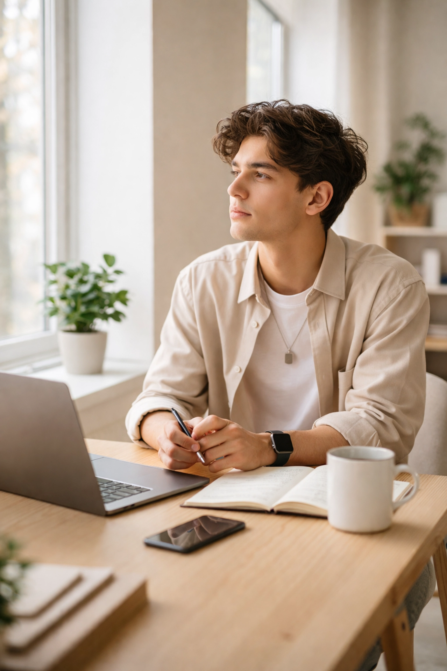 Young entrepreneur considering starting a business, working at a modern desk in a co-working space