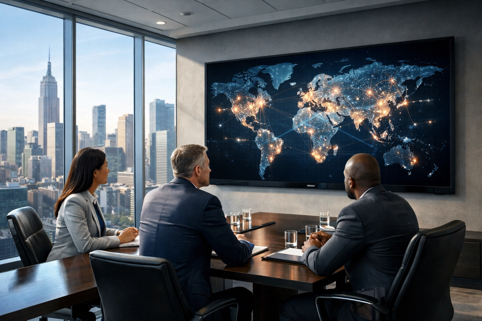 Strategic consultants analyzing a global media reach map for brand growth in a corporate office.