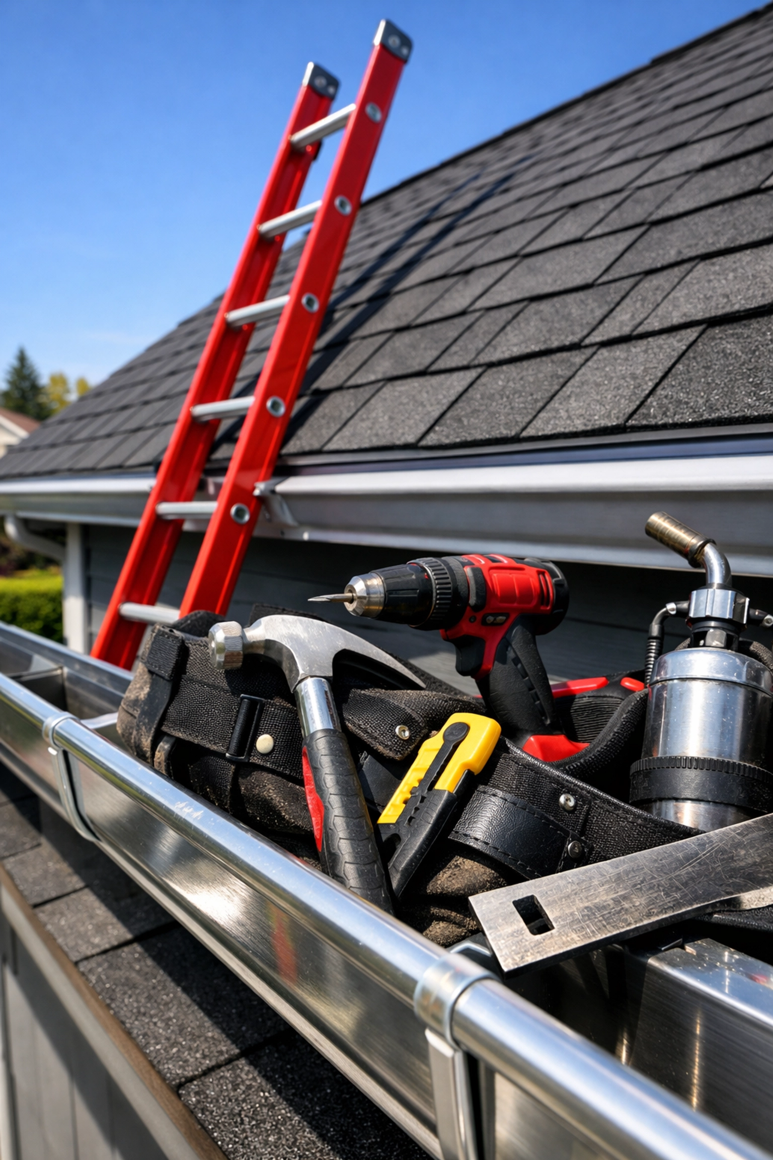 Professional inspection of clean gutters and shingle roof during spring maintenance in Salisbury, MD.