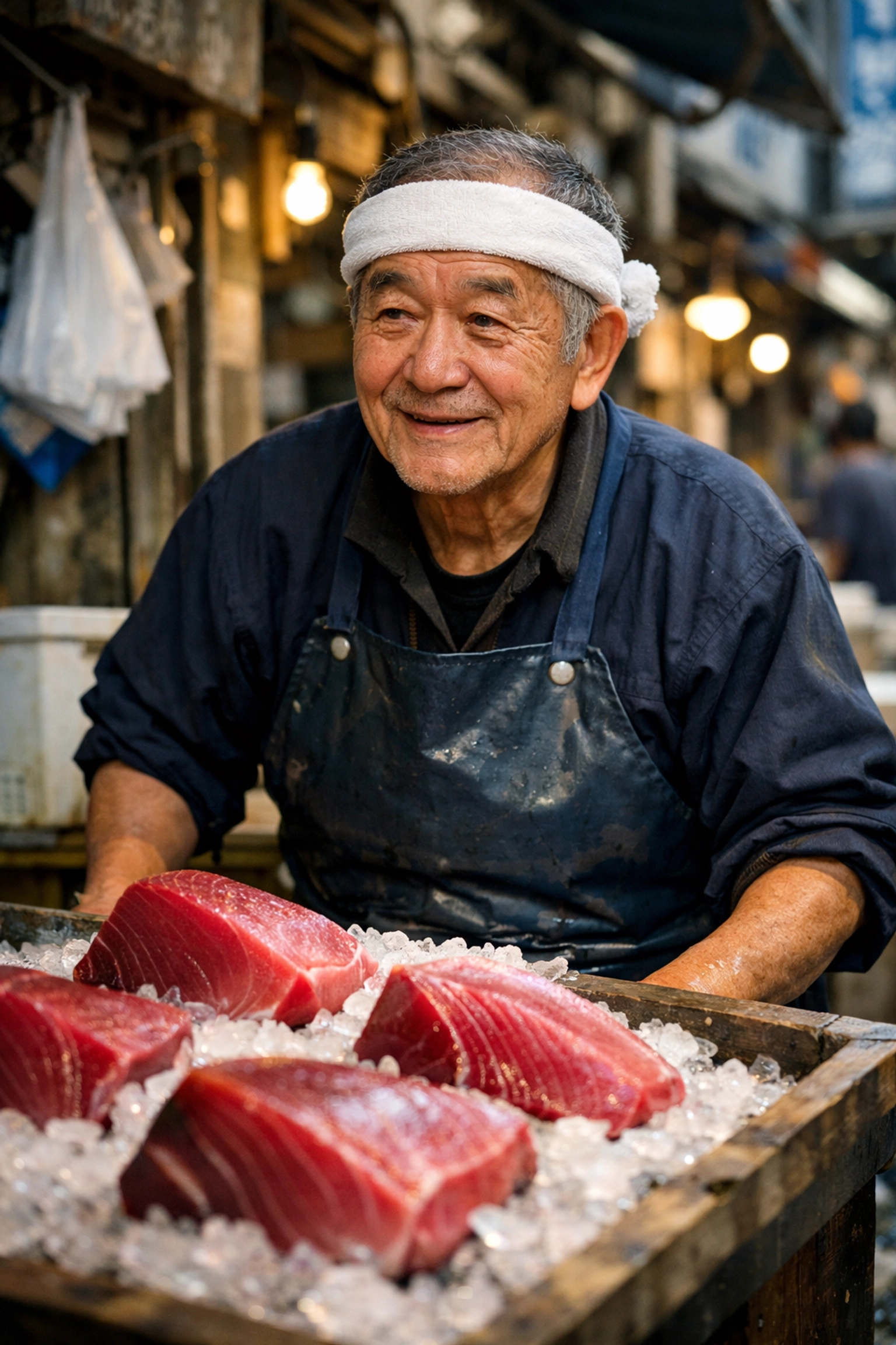 A Japanese fishmonger displaying fresh bluefin tuna at his stall in Tokyo's Tsukiji market.