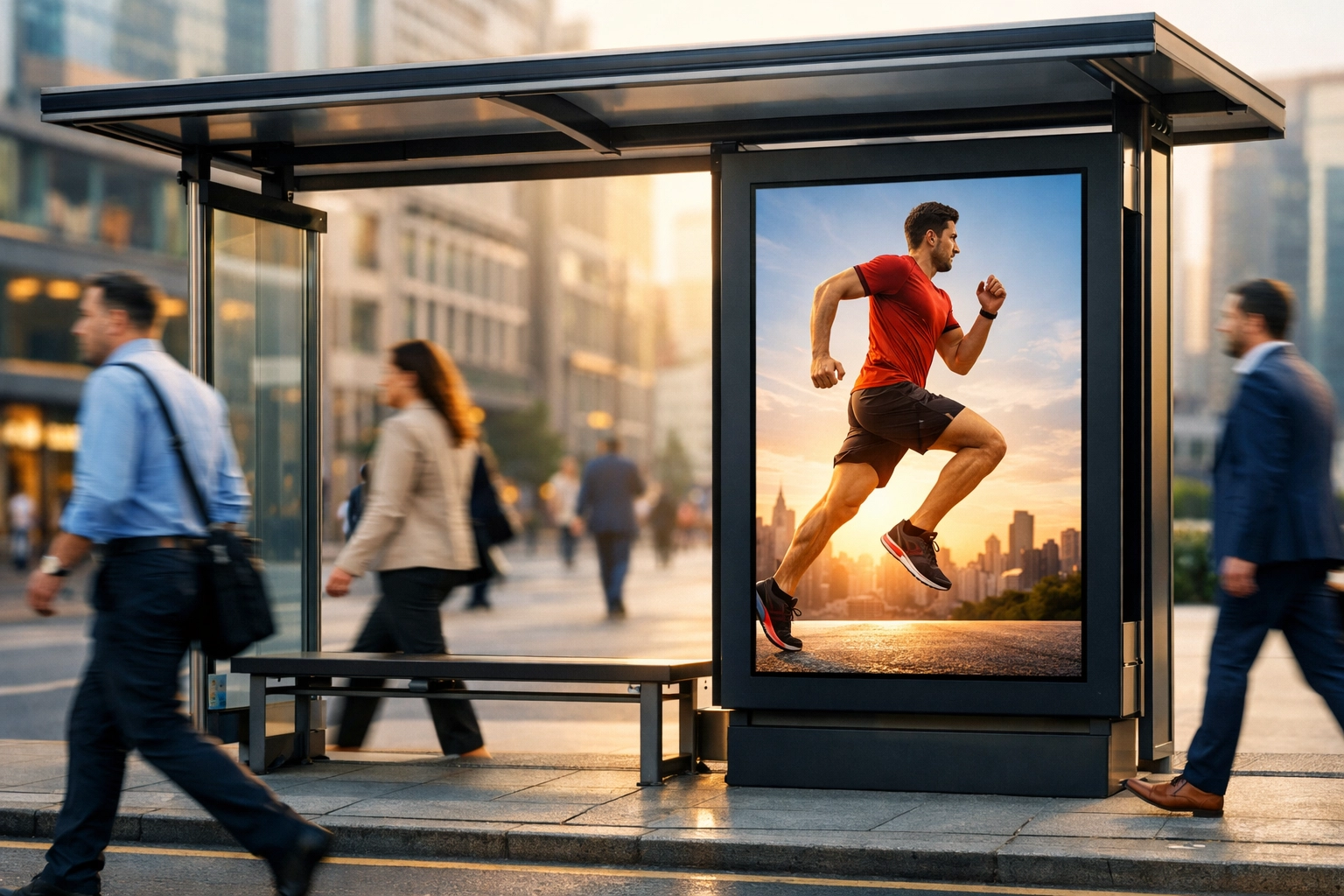 Digital sports DOOH screen at a metropolitan bus shelter reaching commuters during their morning routine.