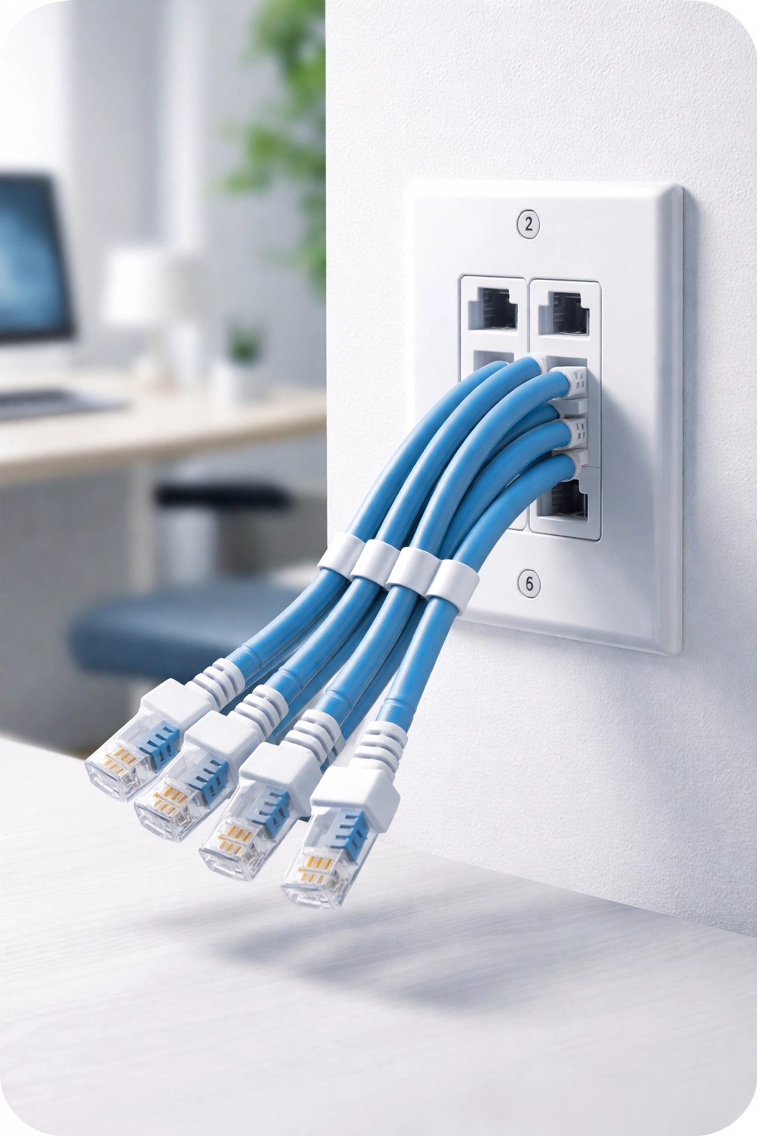 Cat 6 Ethernet cables neatly organized in a modern home office, showing a structured cabling solution for stable internet connection.