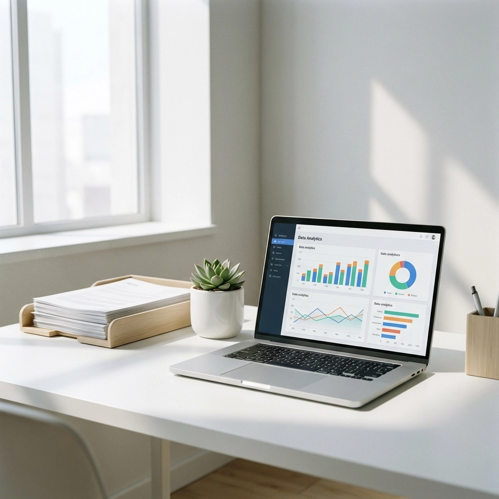 Modern tax office desk with laptop showing analytics charts and organized documents for tax professionals