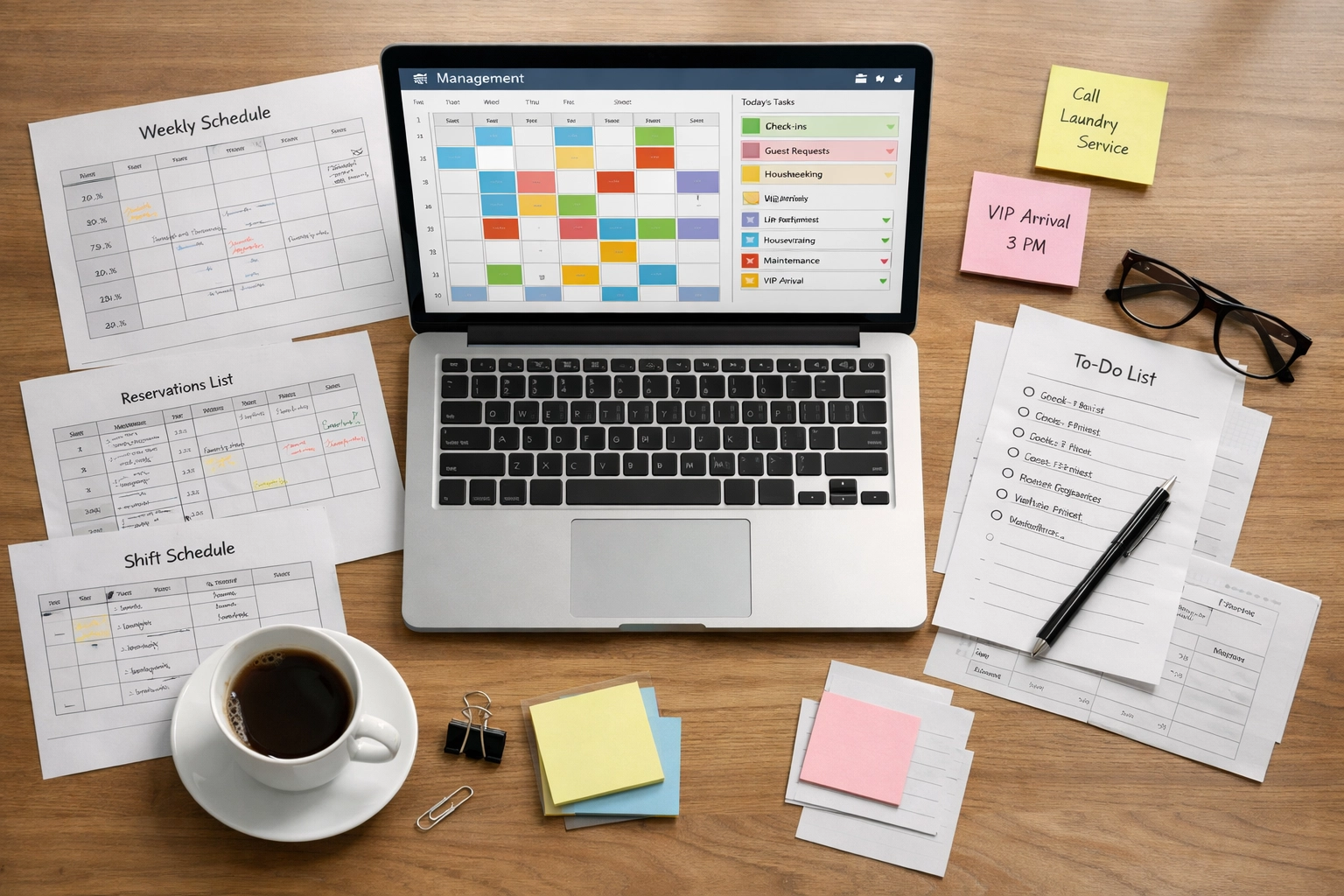 Hotel front desk workspace with laptop displaying automation dashboard and scheduling tools