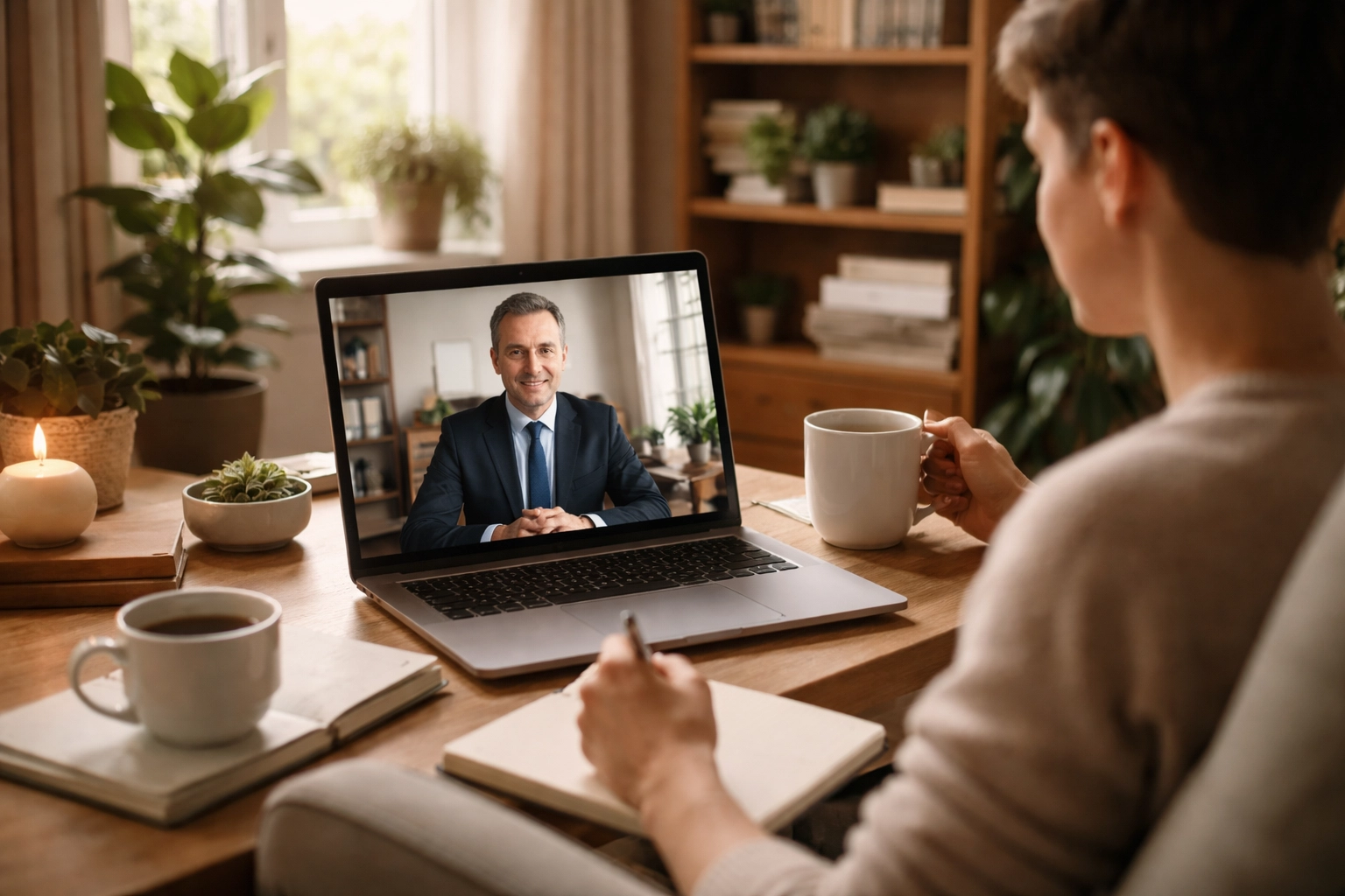 Client consulting with an online divorce solicitor from a home office, discussing legal advice remotely