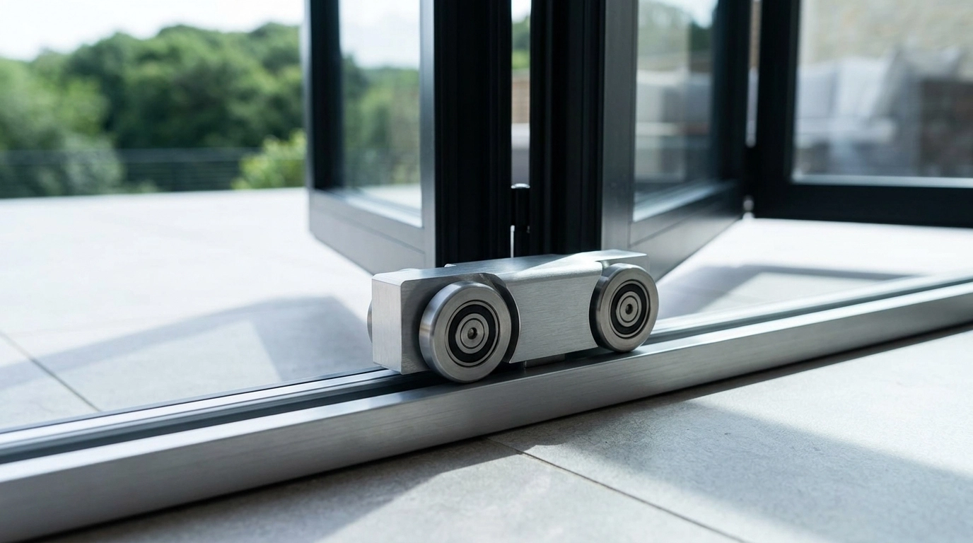 High-resolution, contemporary photograph of a modern aluminium bifold door bottom roller mechanism resting on a sleek, brushed metal track.