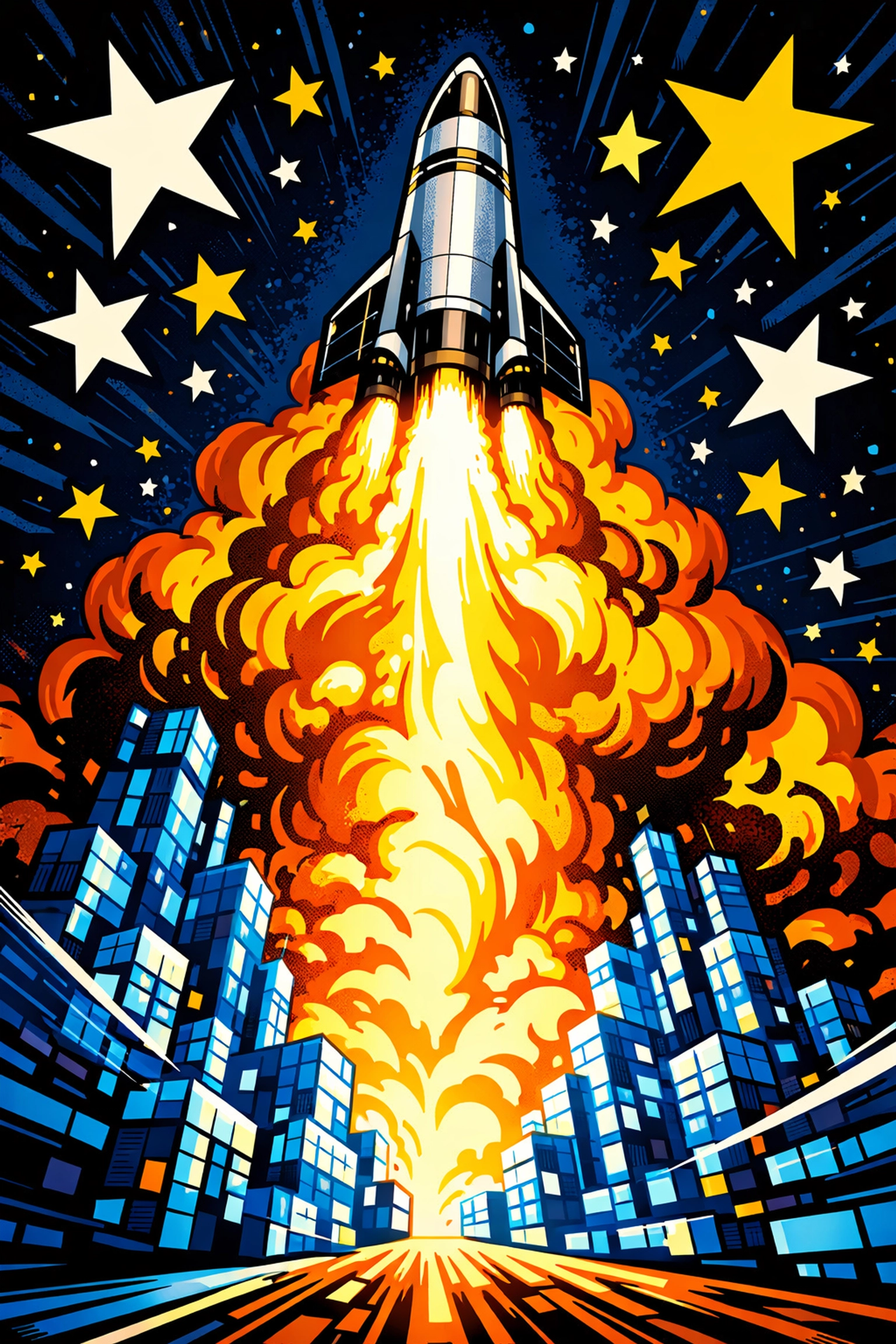 Rocket ship launching from digital blocks, symbolizing scaling a small business with AI systems.