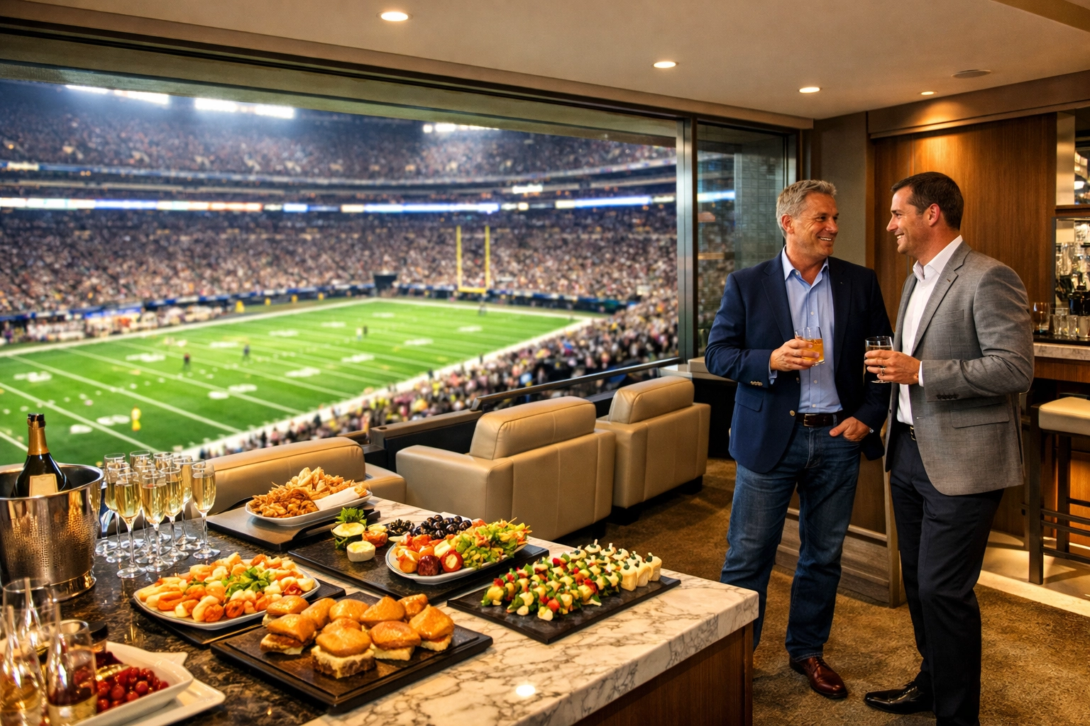 Executives networking in a luxury Super Bowl suite, demonstrating elite VIP corporate hospitality and ROI.