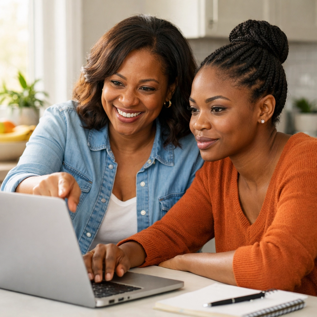 Two Black women applying online for community emergency assistance and financial help in New Jersey.