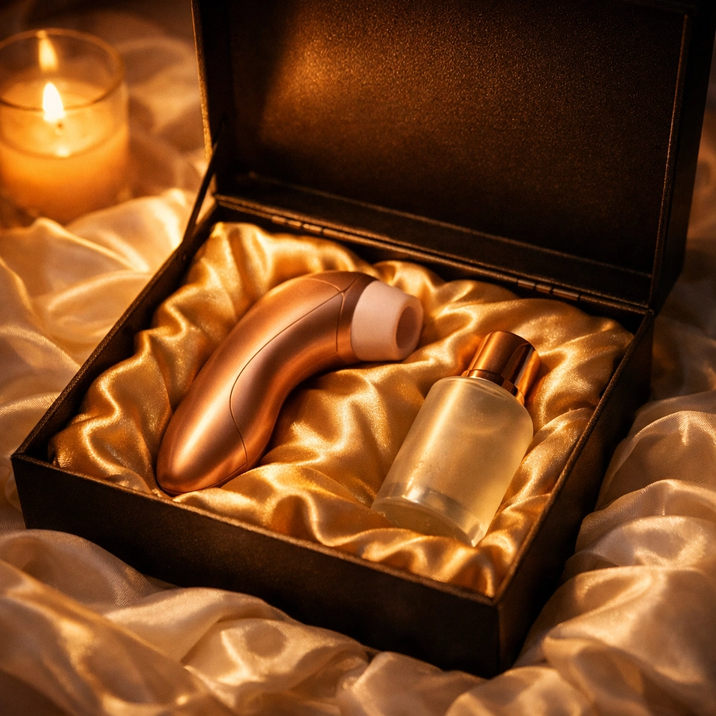 Luxury honeymoon kit gift box with intimacy products on silk, ideal gifts for wife on first night.