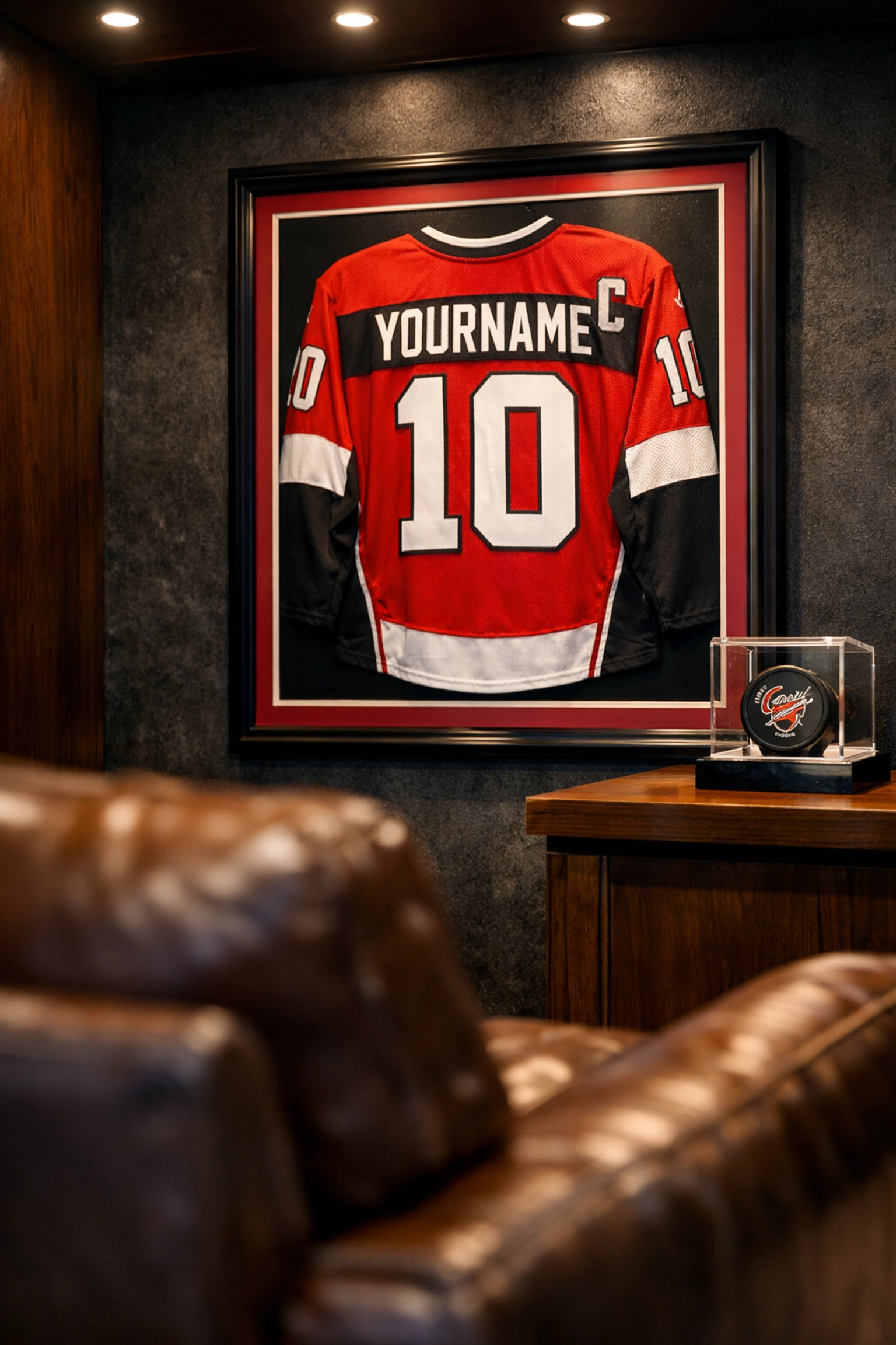 High-end display of authentic signed hockey memorabilia including a framed jersey and collectible puck.
