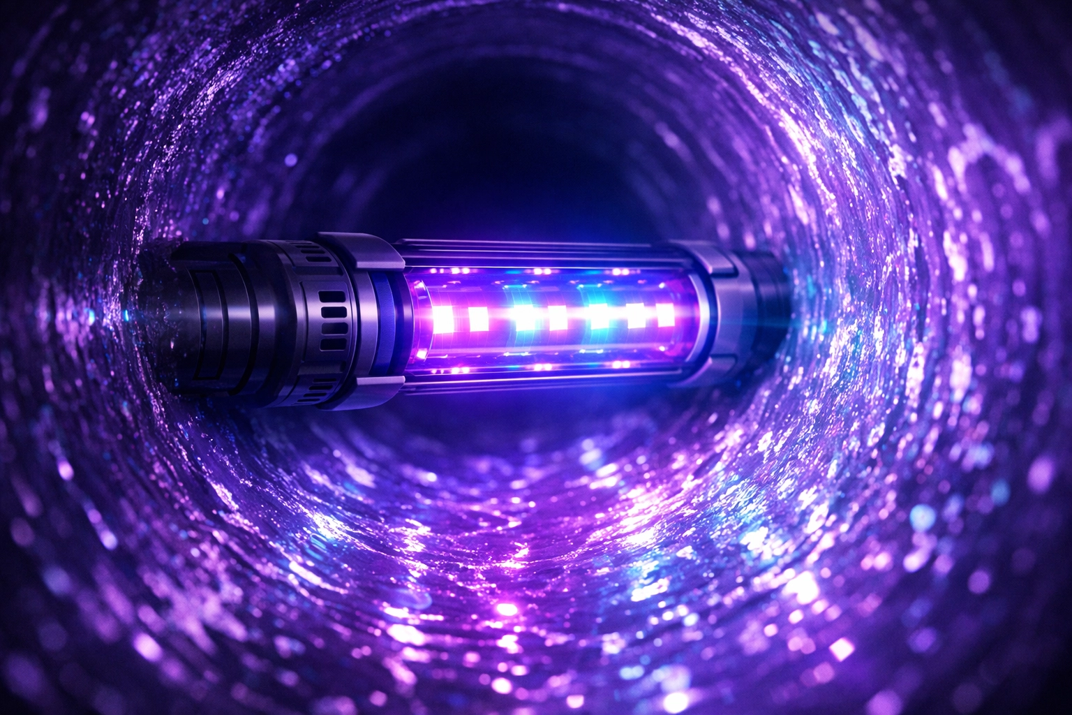High-tech LightRay UV-C lamp curing a trenchless sewer liner inside a residential pipe.