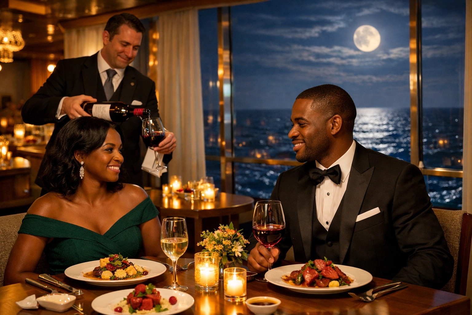 A Black couple enjoying gourmet specialty dining in a luxury cruise ship restaurant.