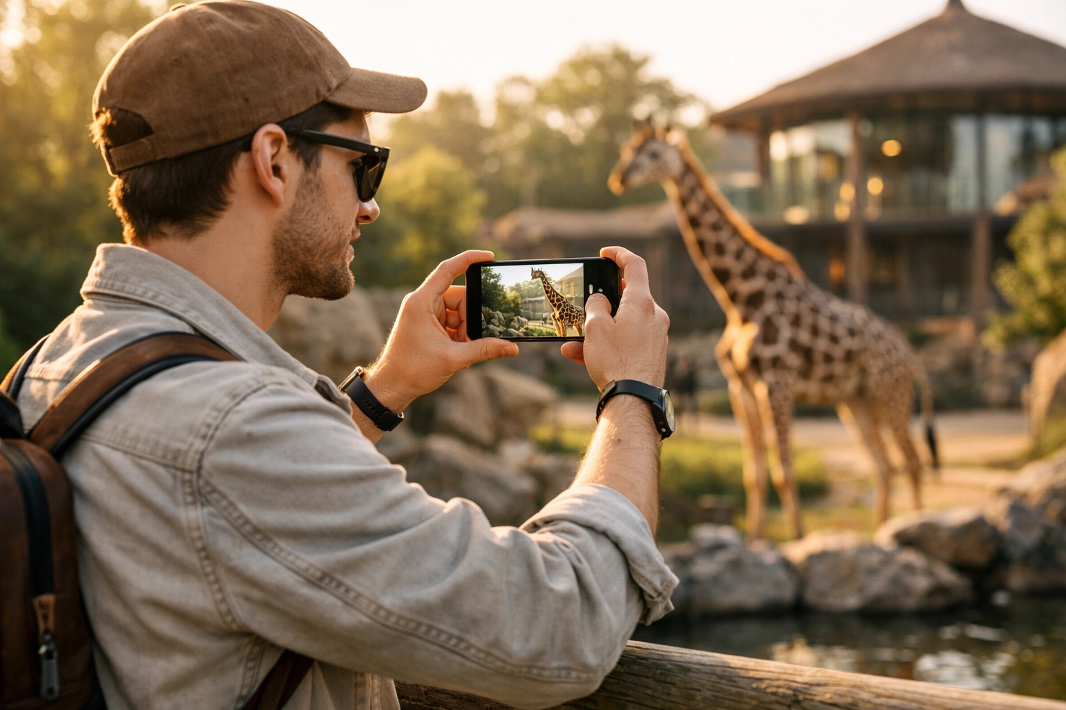 A modern zoo visitor using a smartphone to photograph a giraffe, showcasing social media brand engagement.