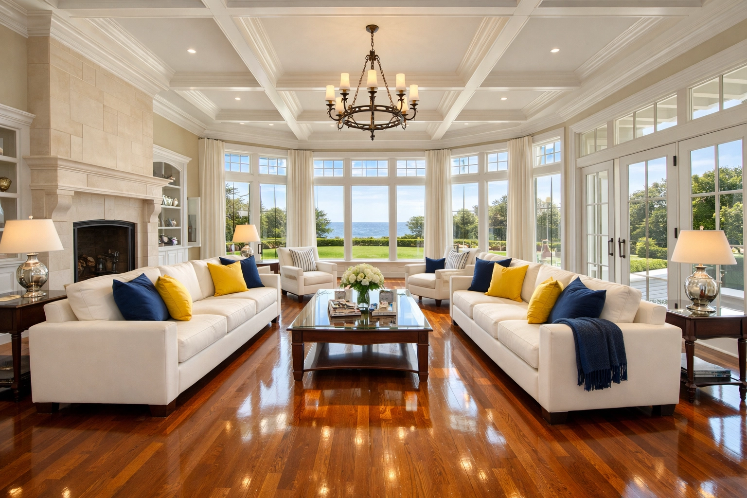 Spotless luxury living room in Hingham after a professional deep cleaning service showing polished floors.