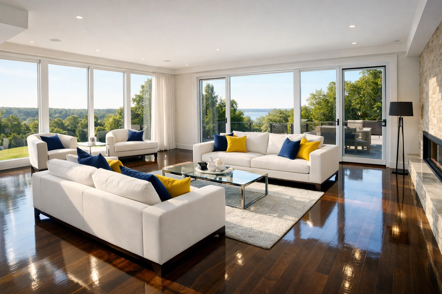 Spotless modern living room in Massachusetts after move-out cleaning services near me.