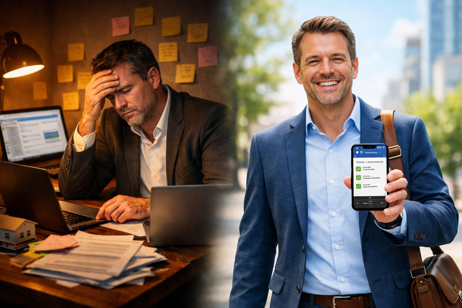 Real estate agent comparing manual follow-up stress versus AI-powered automated lead management system