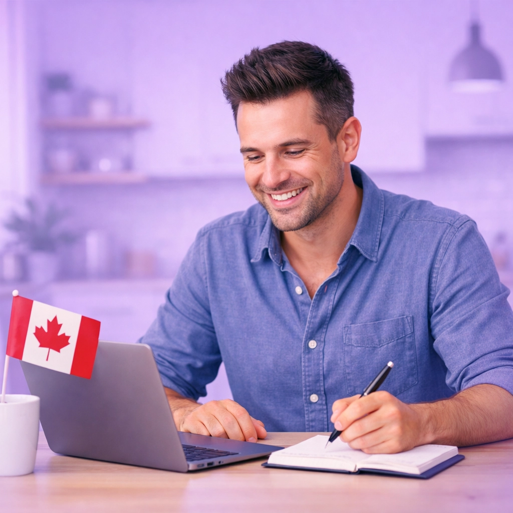 Man at home comparing online bad credit loan options in Canada.