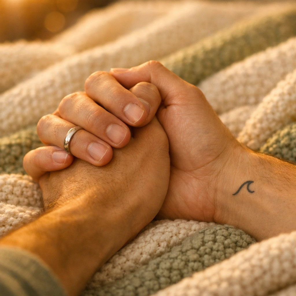 Two men holding hands perfectly intertwined - MM romance perfect fit metaphor