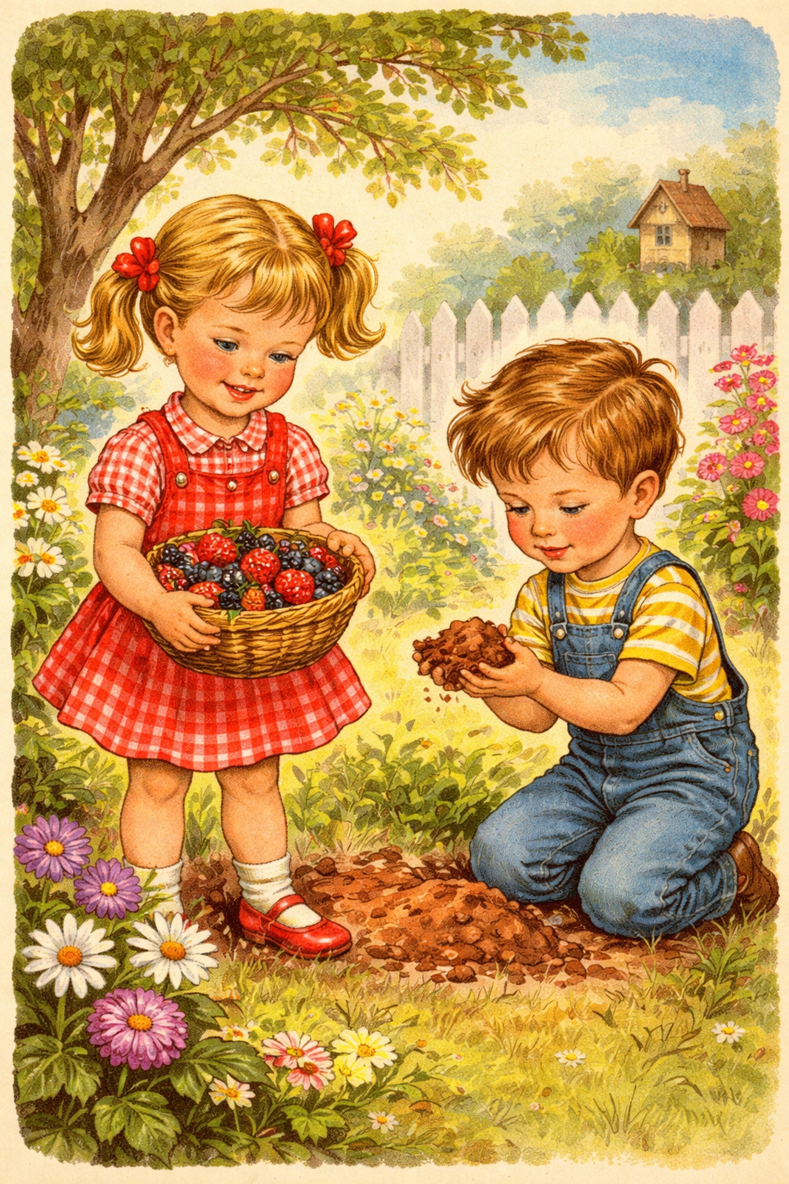 Children in a sunny garden holding a basket of berries and dirt for natural DIY paint project