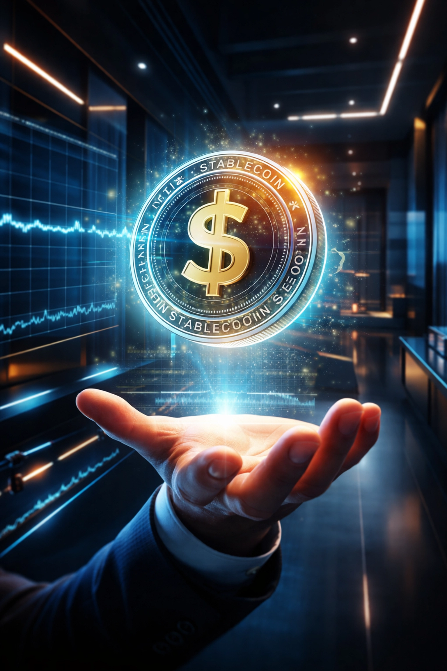 Digital stablecoin above a hand in a modern office, representing stable Web3 payments and instant settlements for small businesses.