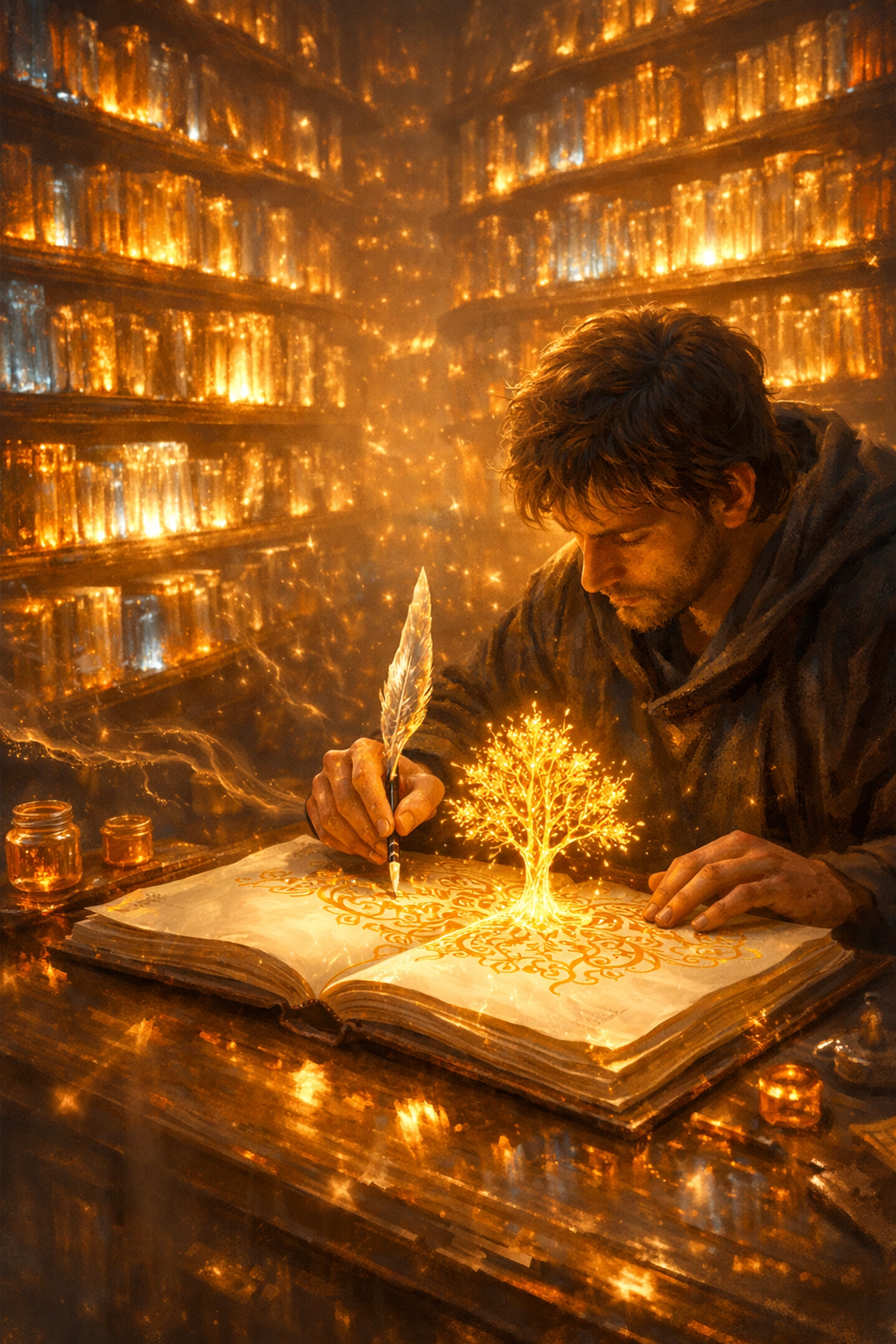 A digital library scene symbolizing information gain and human-centric expert content.