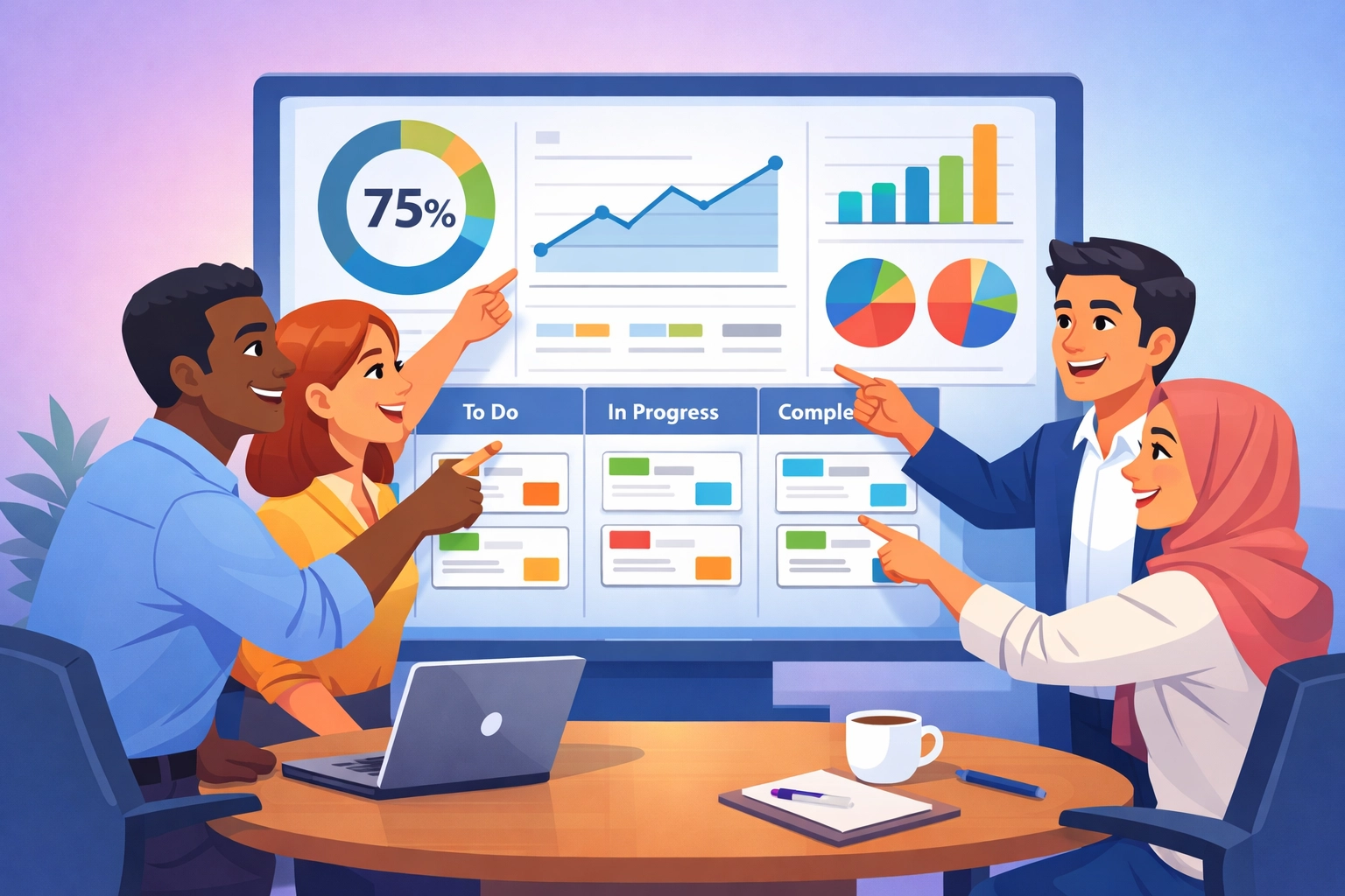 Business team collaborating around unified dashboard showing real-time metrics and project updates