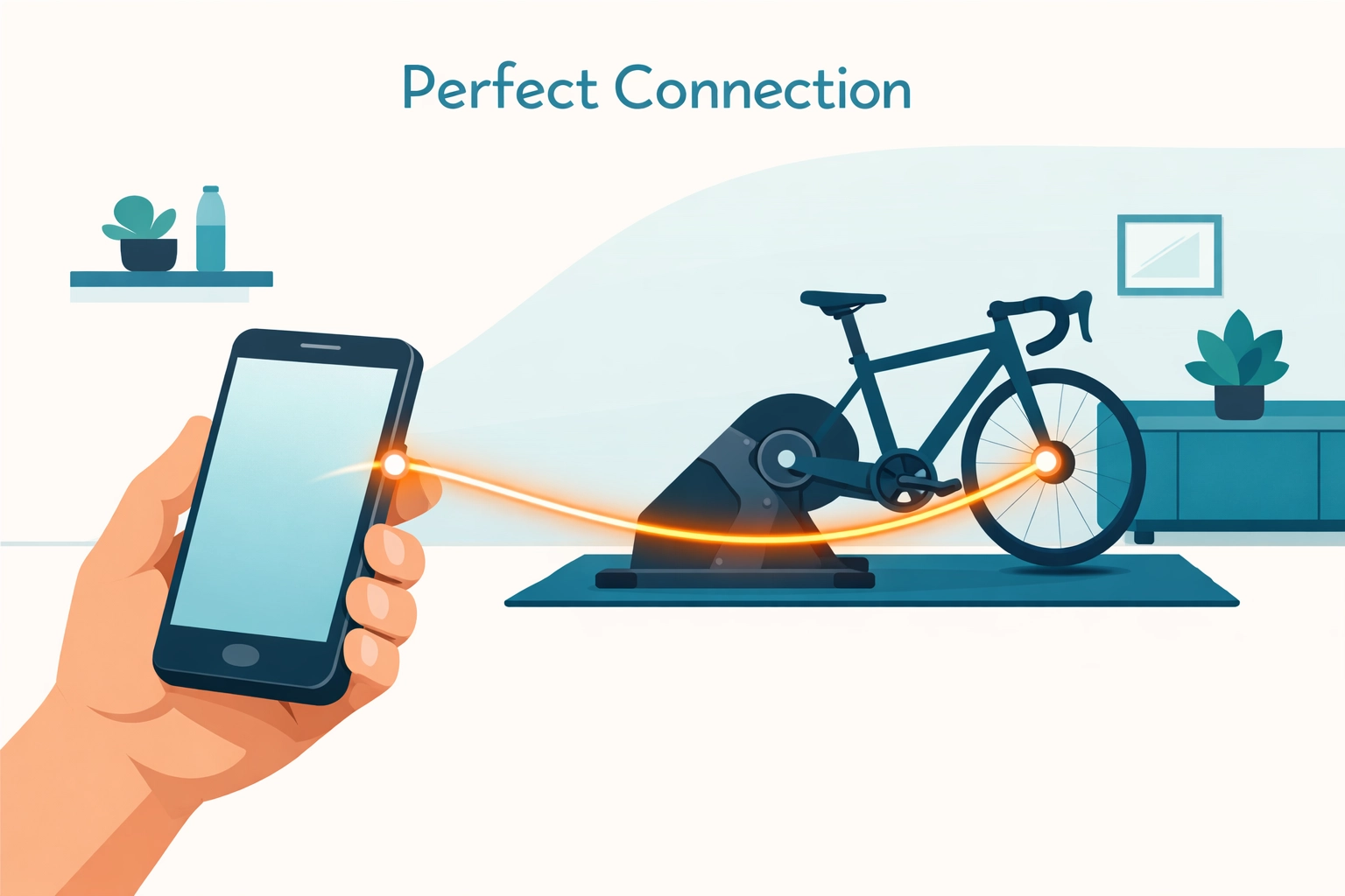 Smartphone connecting to a bike trainer for a hassle-free indoor cycling workout start.