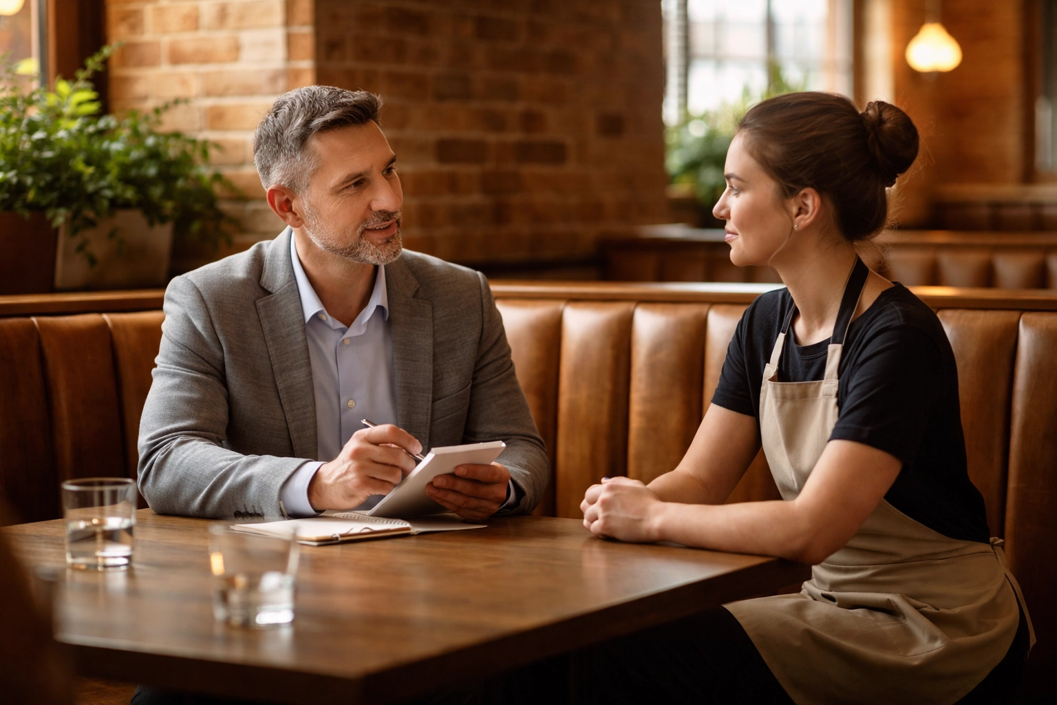 Restaurant manager coaching server in casual upscale dining room, illustrating emotional intelligence training