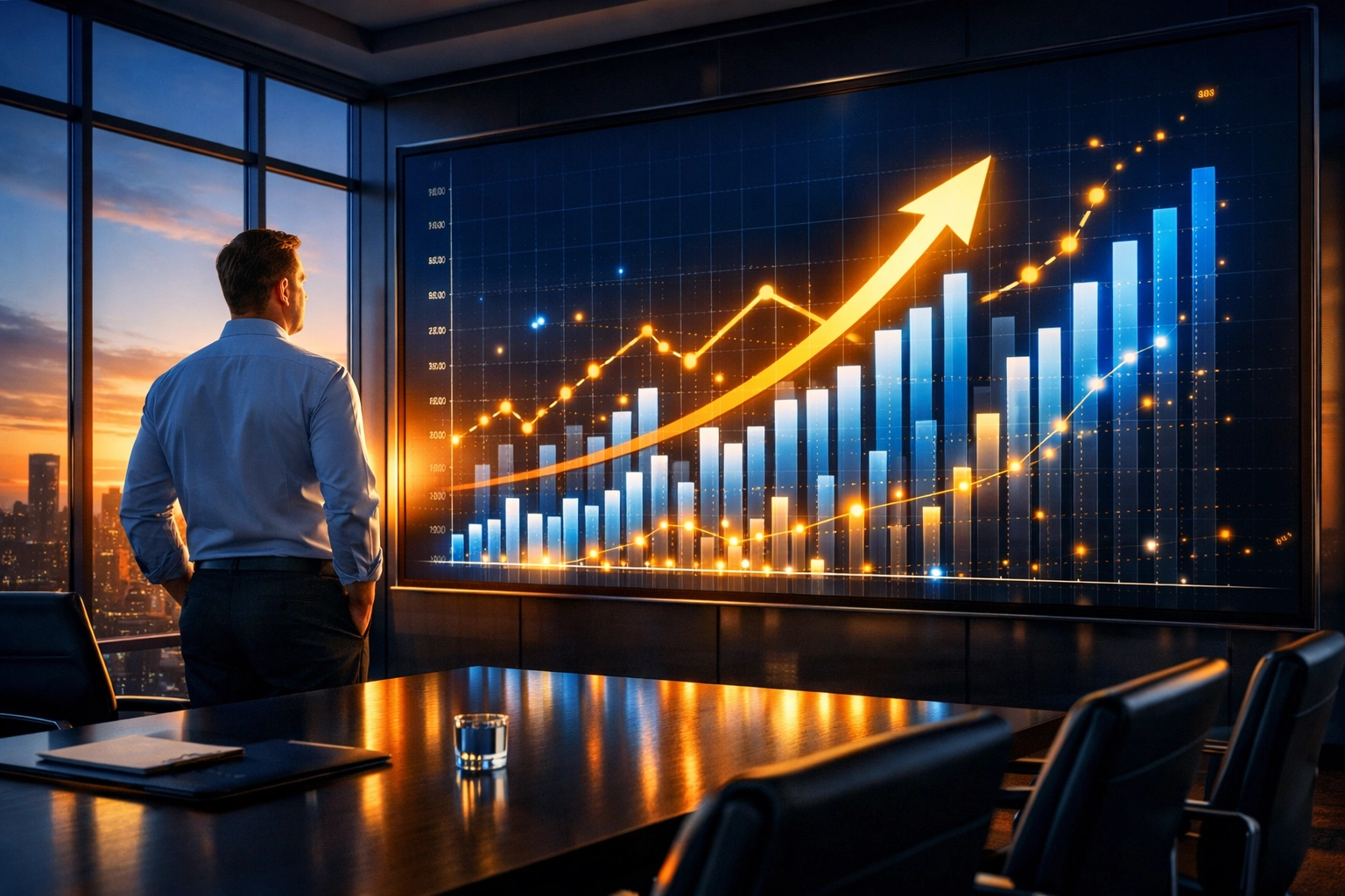 Business leader reviewing Super Bowl 2026 ROI growth and sports media performance charts.