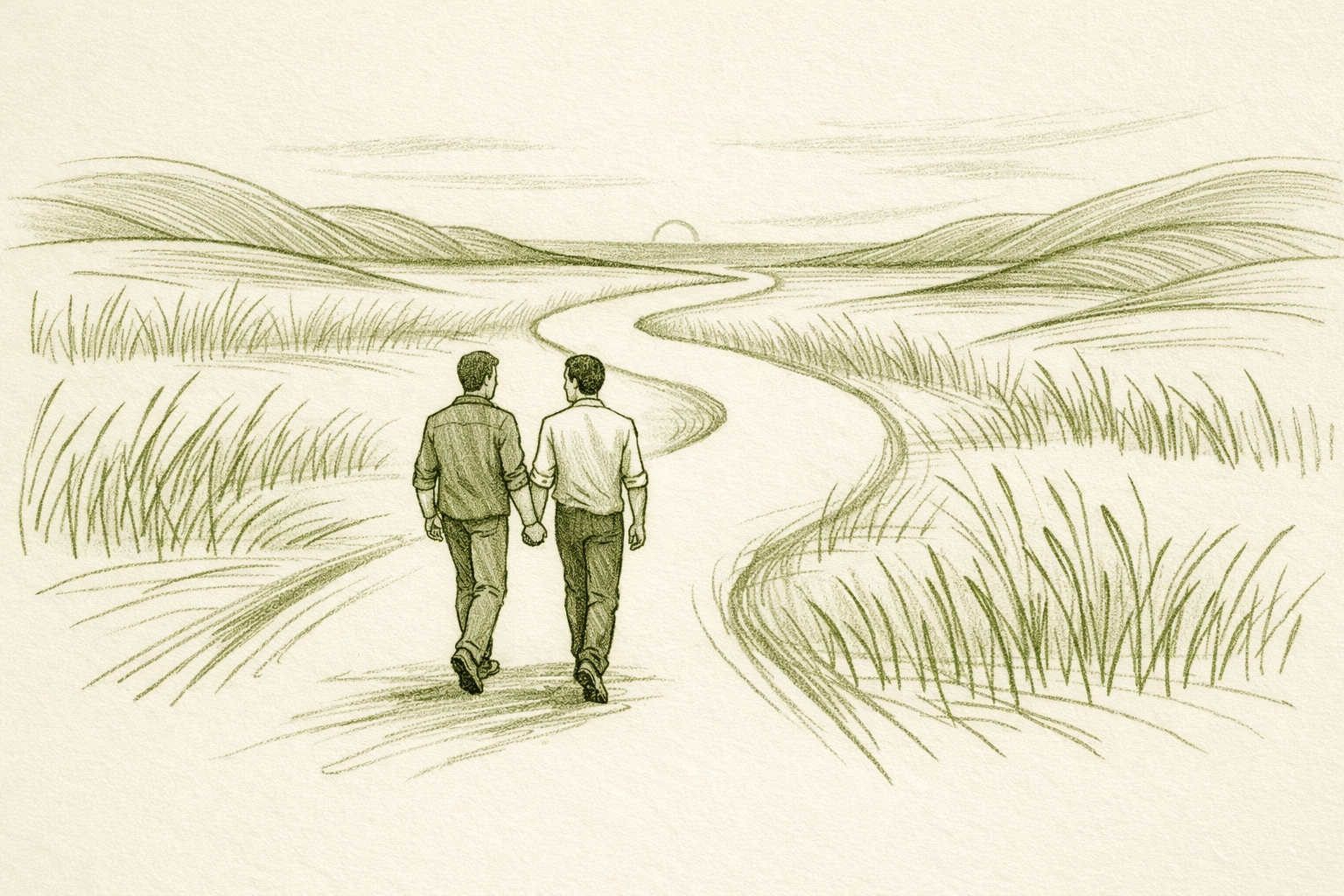 Two men walking hand-in-hand toward a horizon, illustrating the lifelong journey of queer identity and gay literature.
