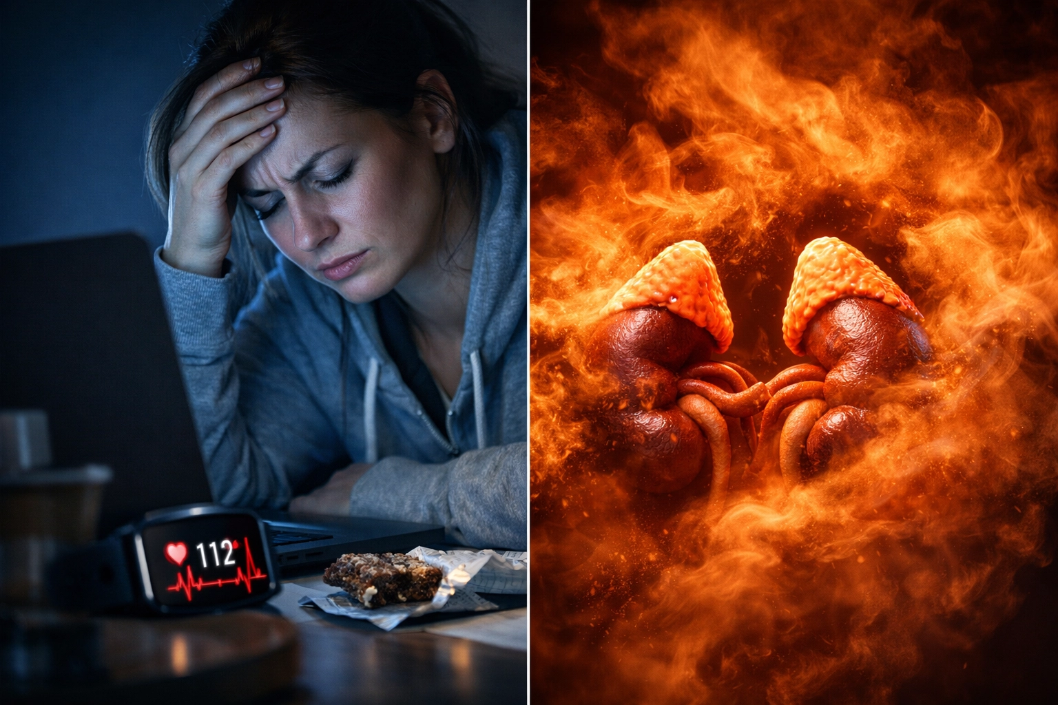 Illustration of stress stacking and cortisol response in a woman practicing intermittent fasting.