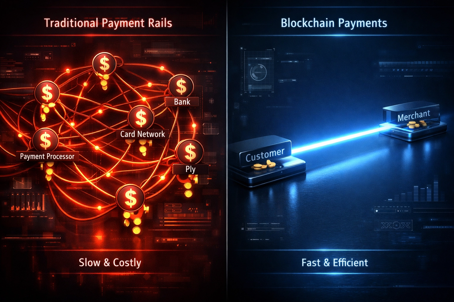 Traditional payment intermediaries versus direct blockchain peer-to-peer payments comparison