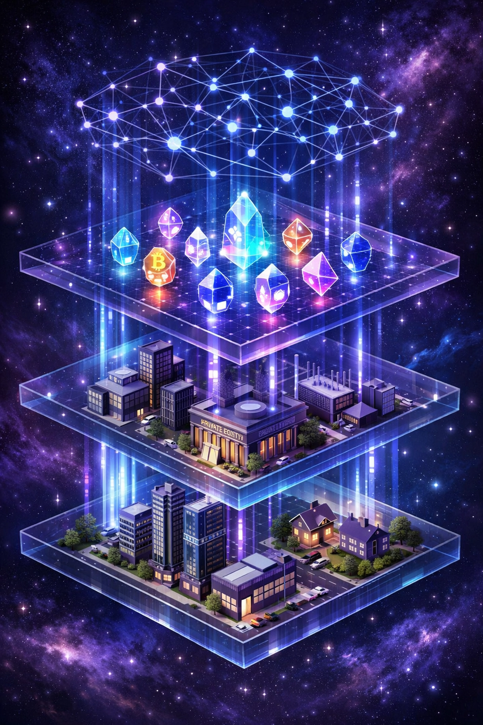 Multi-layered financial ecosystem illustrating private equity, tokenized assets, and digital blockchain integration