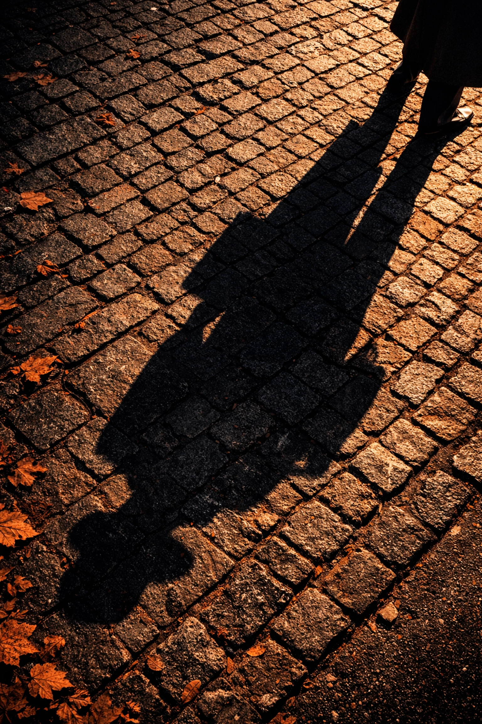 Dramatic shadow on cobblestones, using light and shadow for artistic street photography ideas.