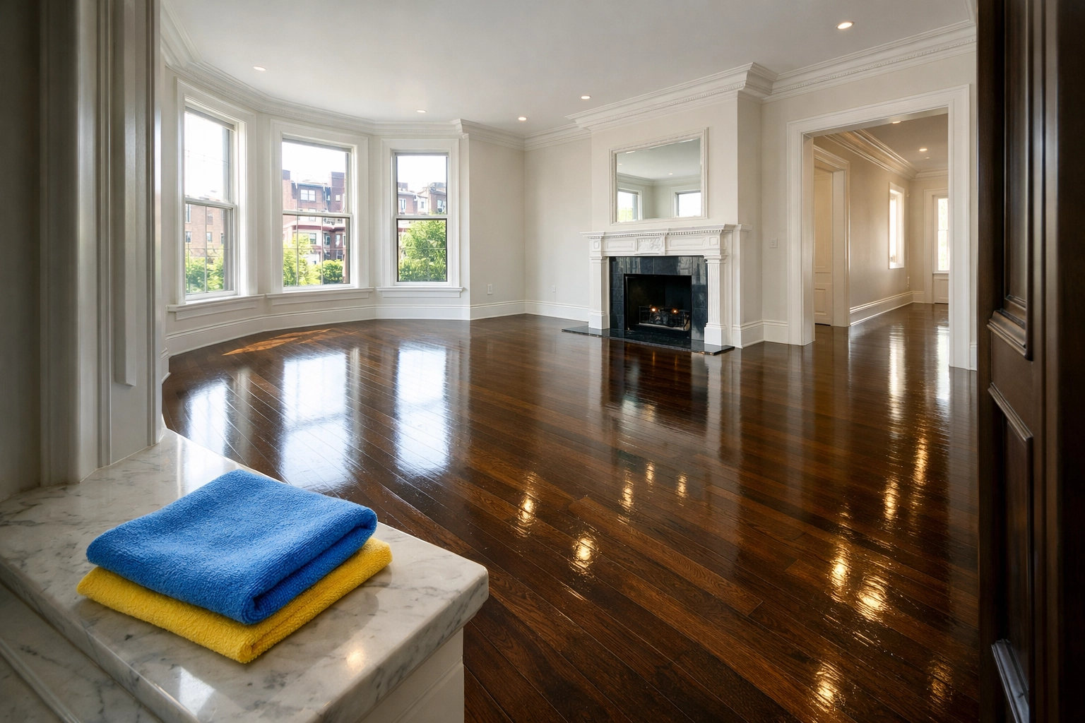 Vacant Boston apartment with polished hardwood floors ready for professional move-out cleaning in Massachusetts.