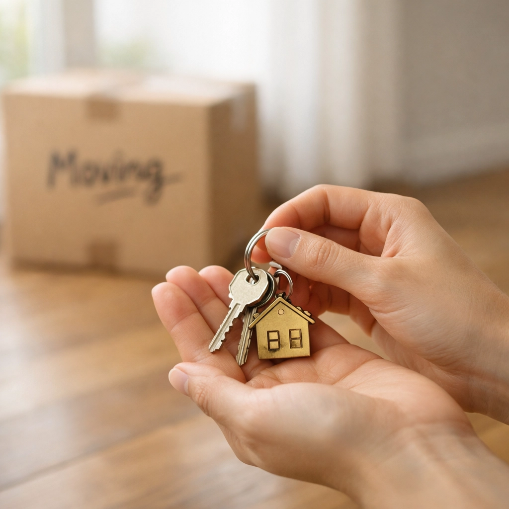 New homeowner holding house keys after closing with moving box in background