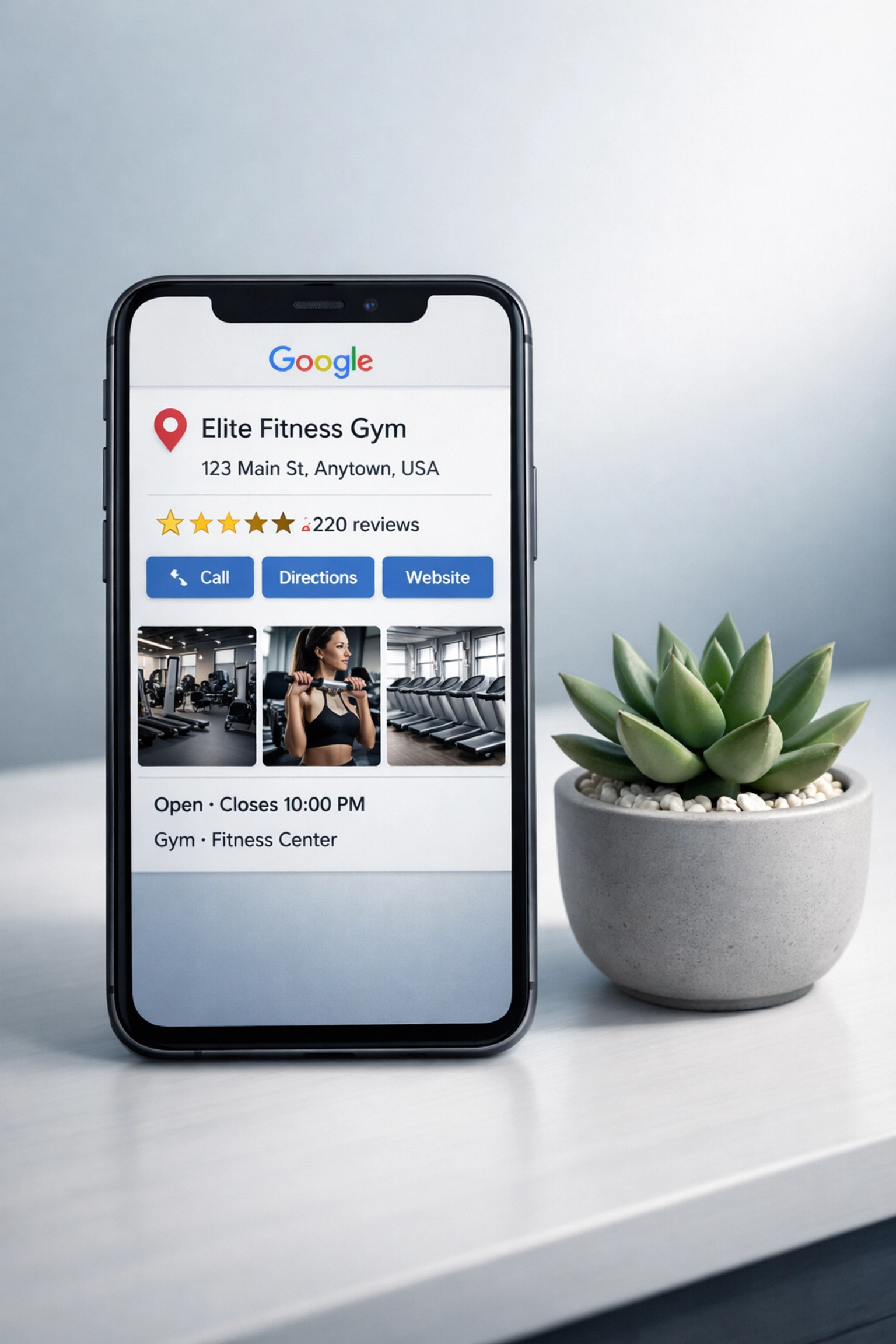 Google Business Profile for gym showing ratings and photos on smartphone
