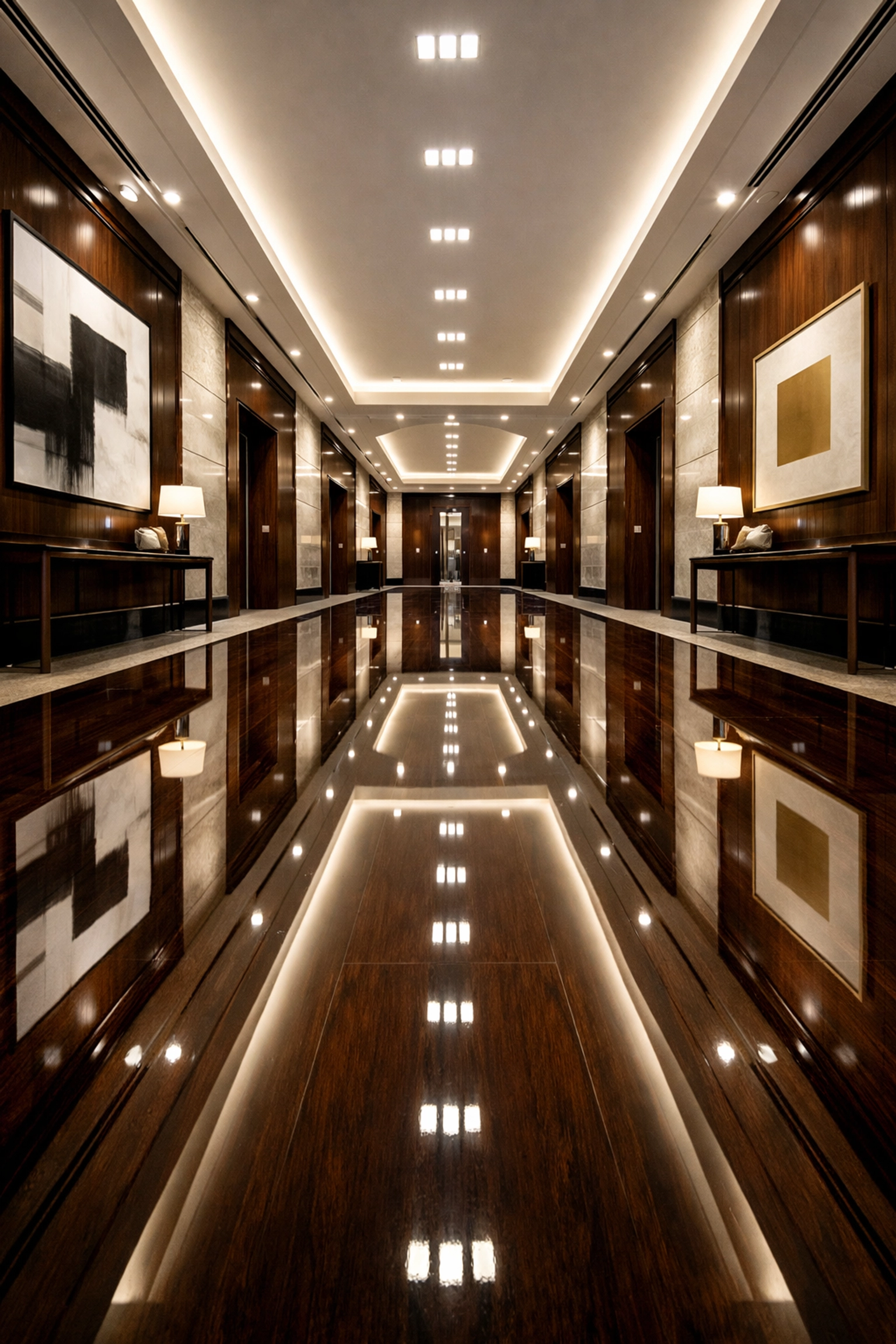 High-gloss hardwood floor maintenance in a prestigious commercial building corridor.