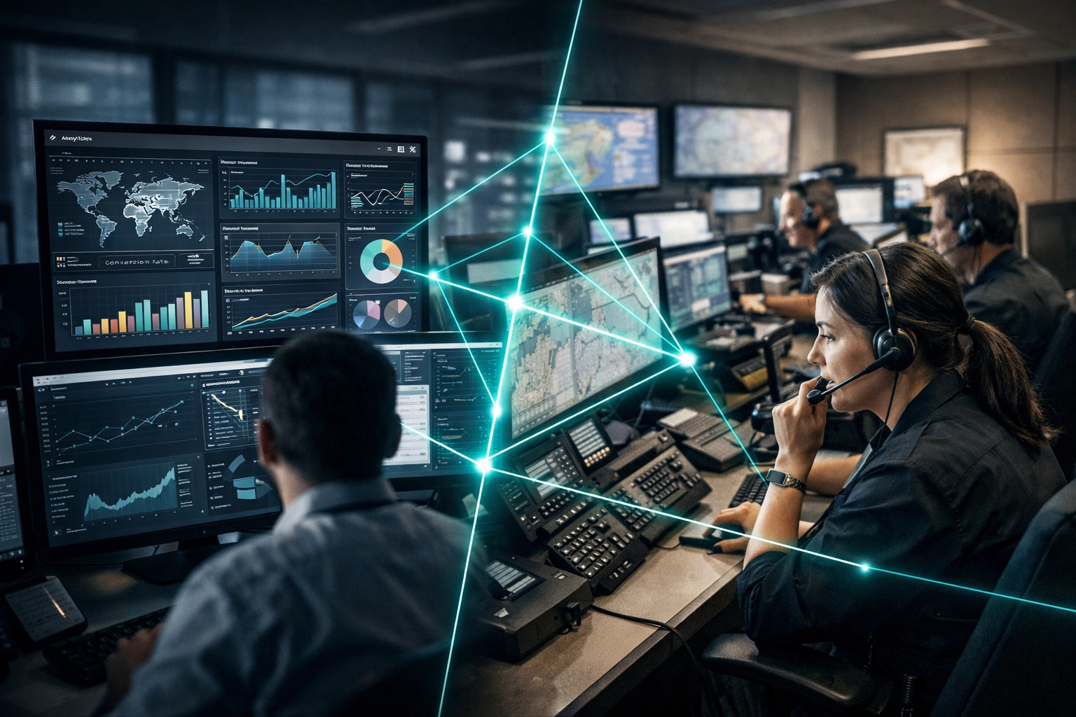 Field service CRM analytics and dispatch center coordinating multiple crews and jobs