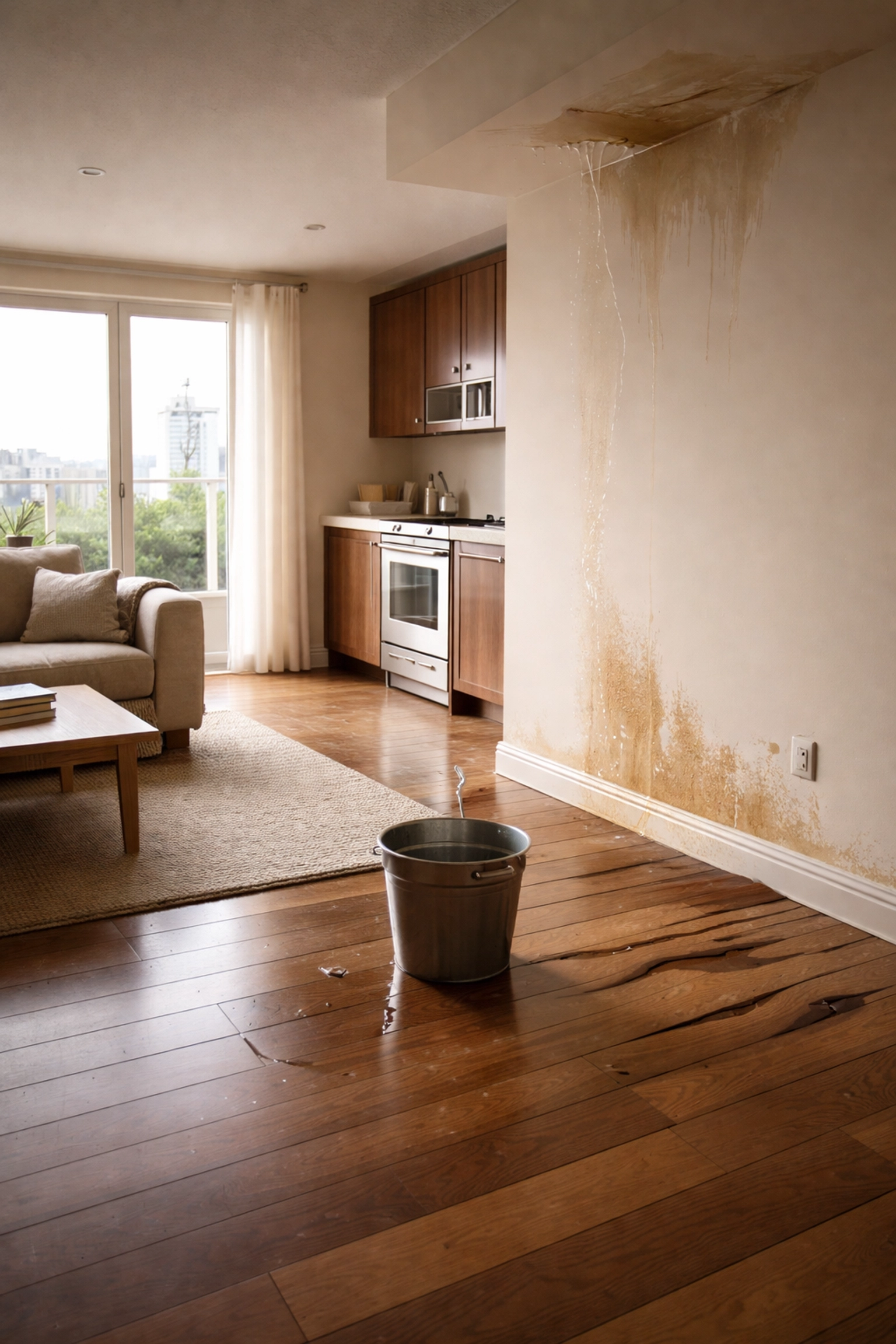 Water damage inside a condo unit in Northern Kentucky, showing risk of insurance coverage gaps for HOA boards