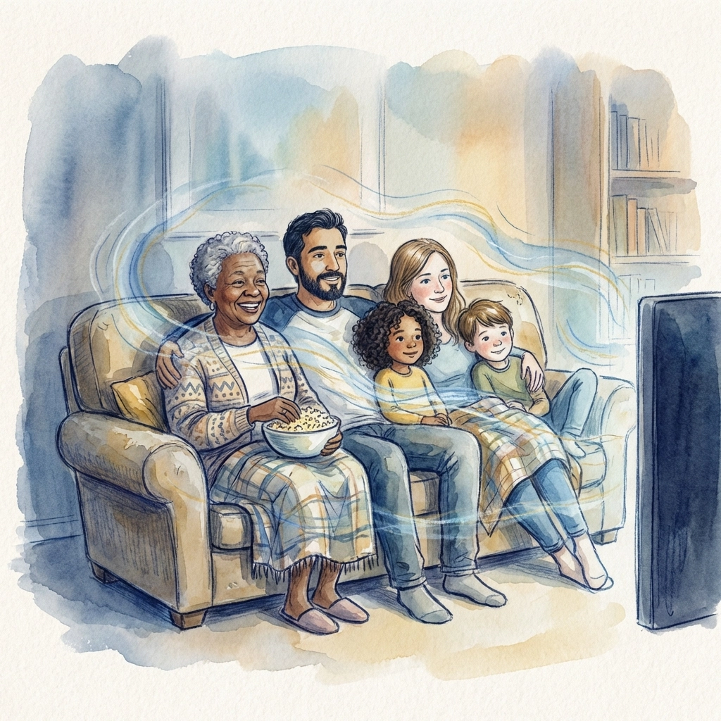 A diverse family gathers on a cozy couch for movie night, sharing popcorn and smiles, representing faith-focused family connection.
