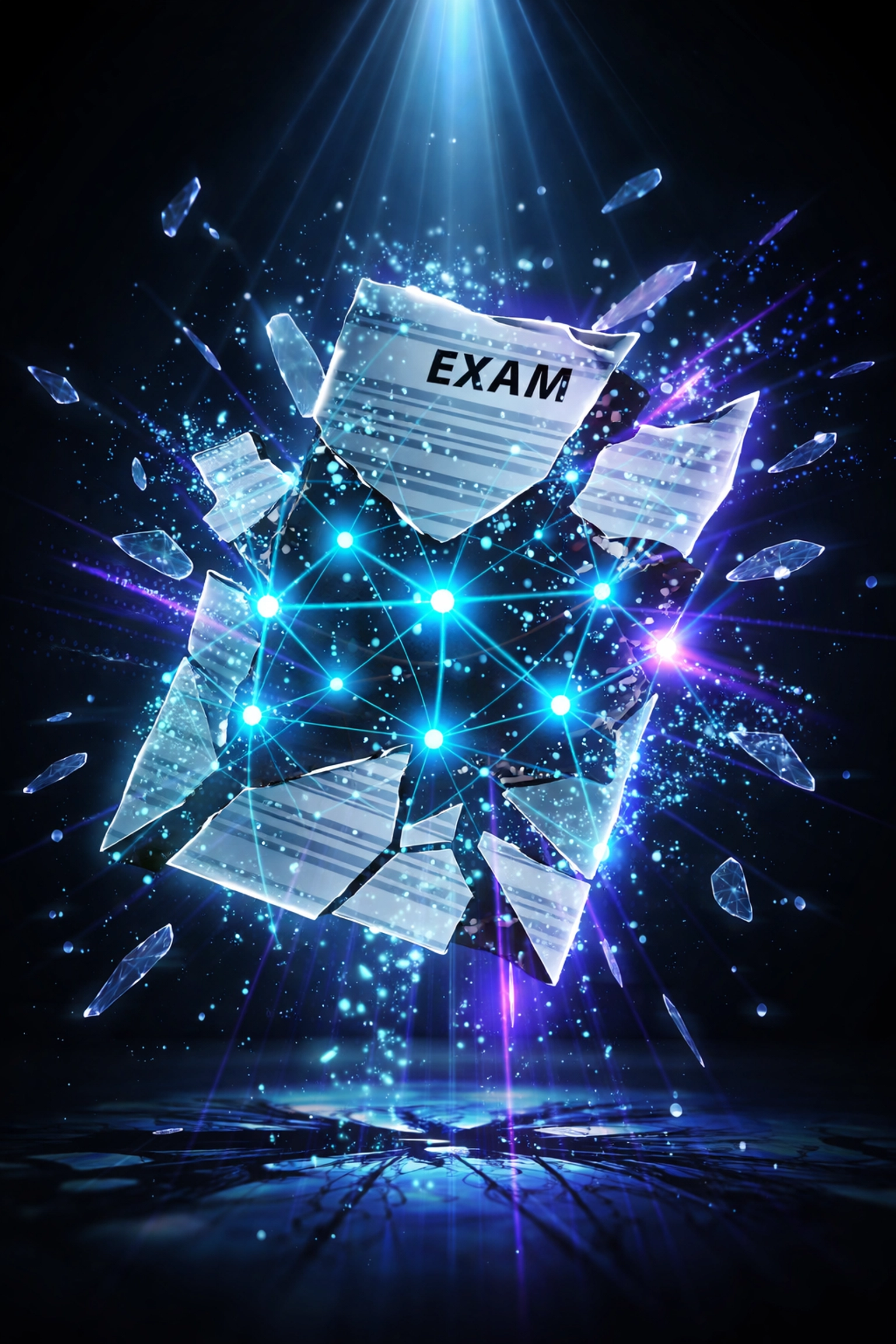 Shattered exam paper with digital AI code symbolizes the disruption of traditional educational assessments by AI automation.