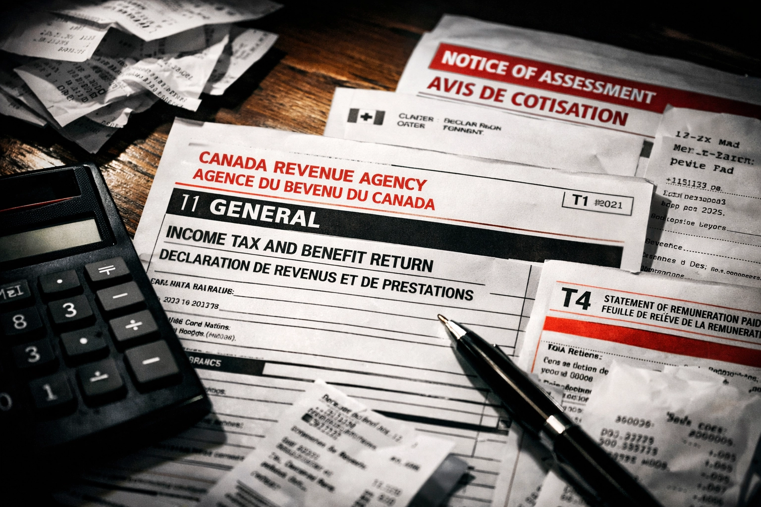 Tax documents and CRA forms on desk as 2025 Canadian tax filing season begins