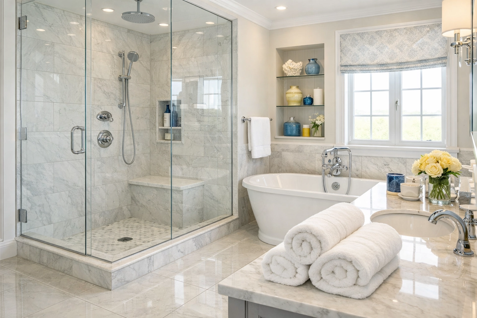 Deep cleaning in a Natick MA home bathroom with sparkling tile, clean grout, and polished fixtures.