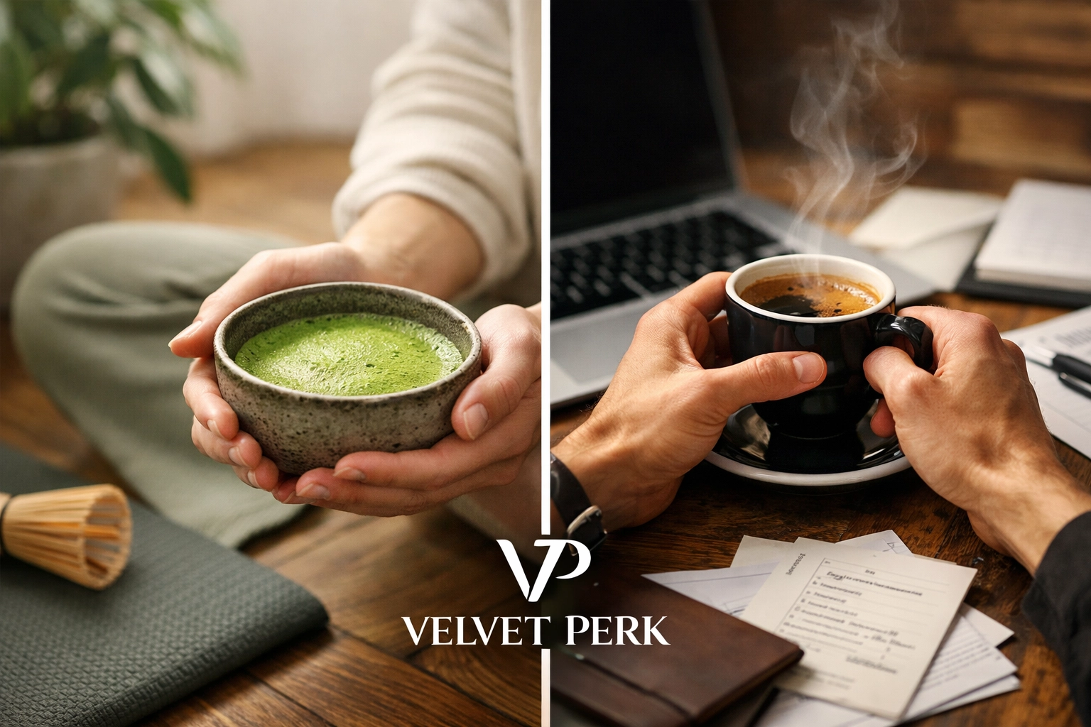Matcha vs. Coffee: Which Is Better for Your Morning Ritual? Split view of calm matcha ritual versus energetic coffee focus for different morning energy needs