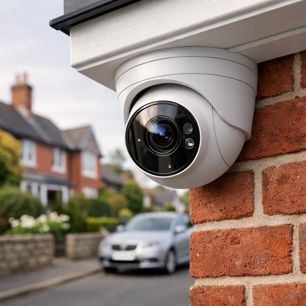 Professional installation of a white turret CCTV camera on a red-brick UK home for enhanced security.