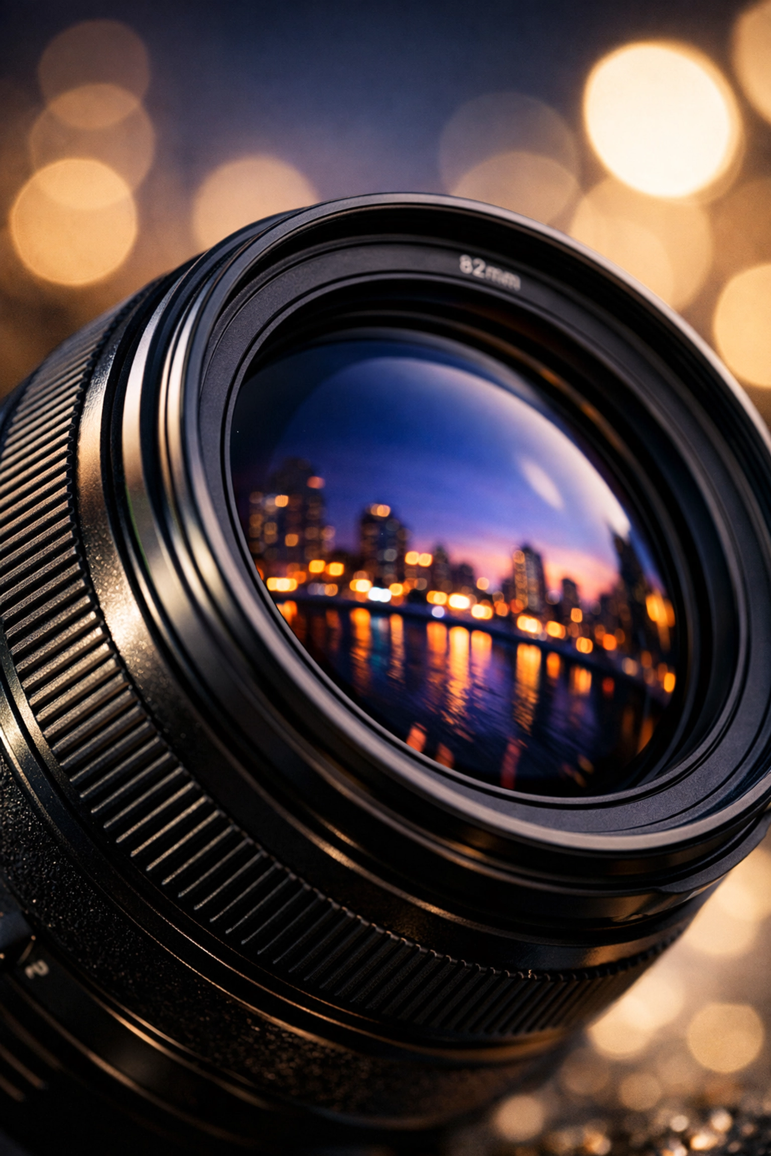 Close-up of a professional camera lens reflecting city bokeh, highlighting the latest photography trends for 2026.