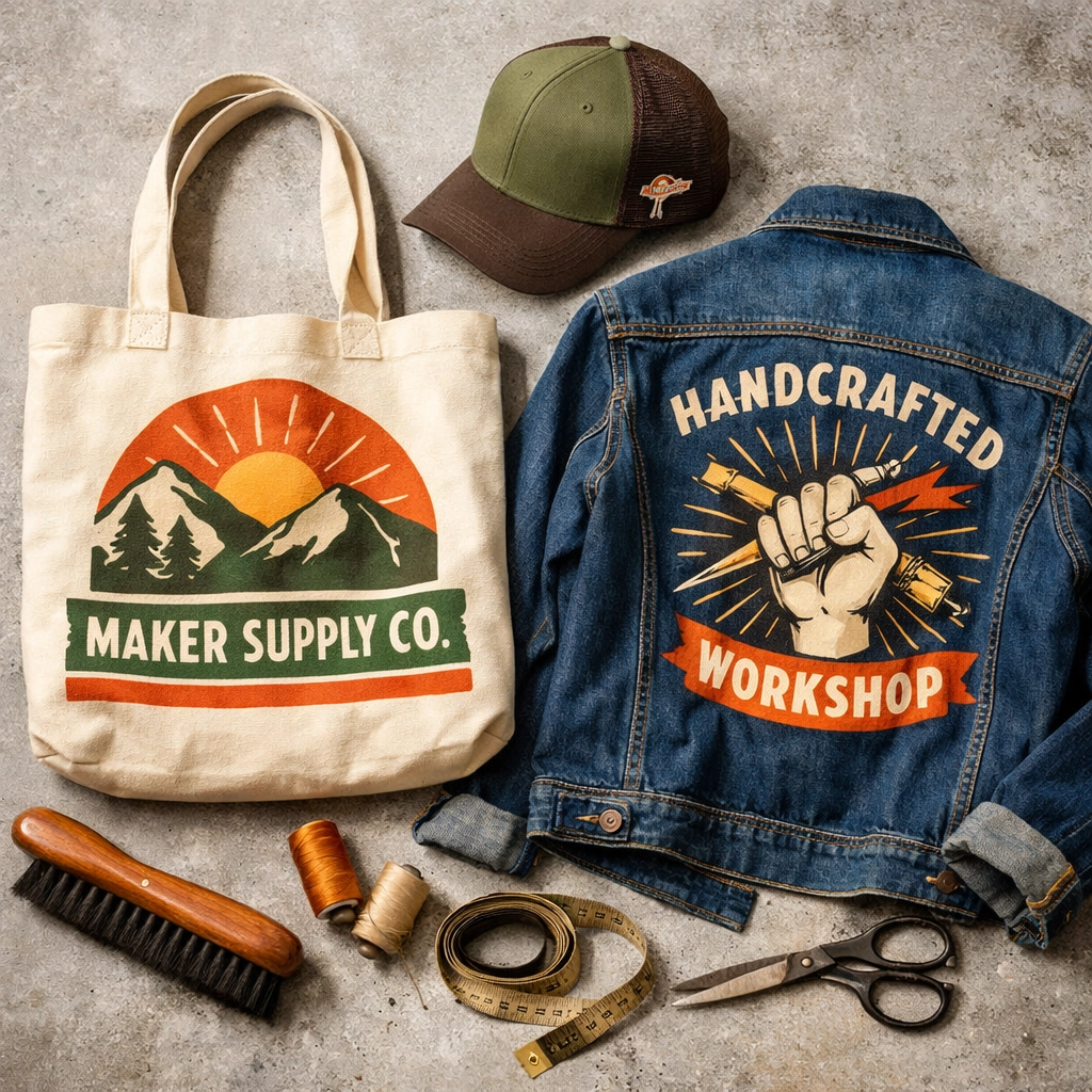 A variety of custom apparel like tote bags and hats created using professional wholesale DTF transfers.