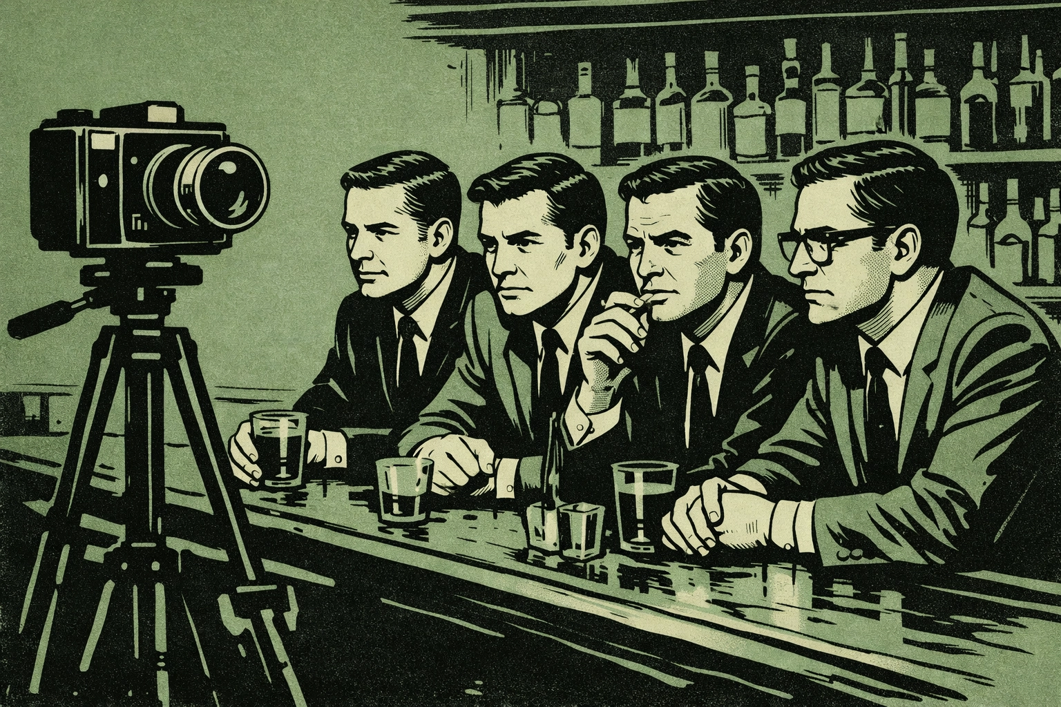 Four Mattachine Society activists during 1966 Sip-In protest at Julius' bar